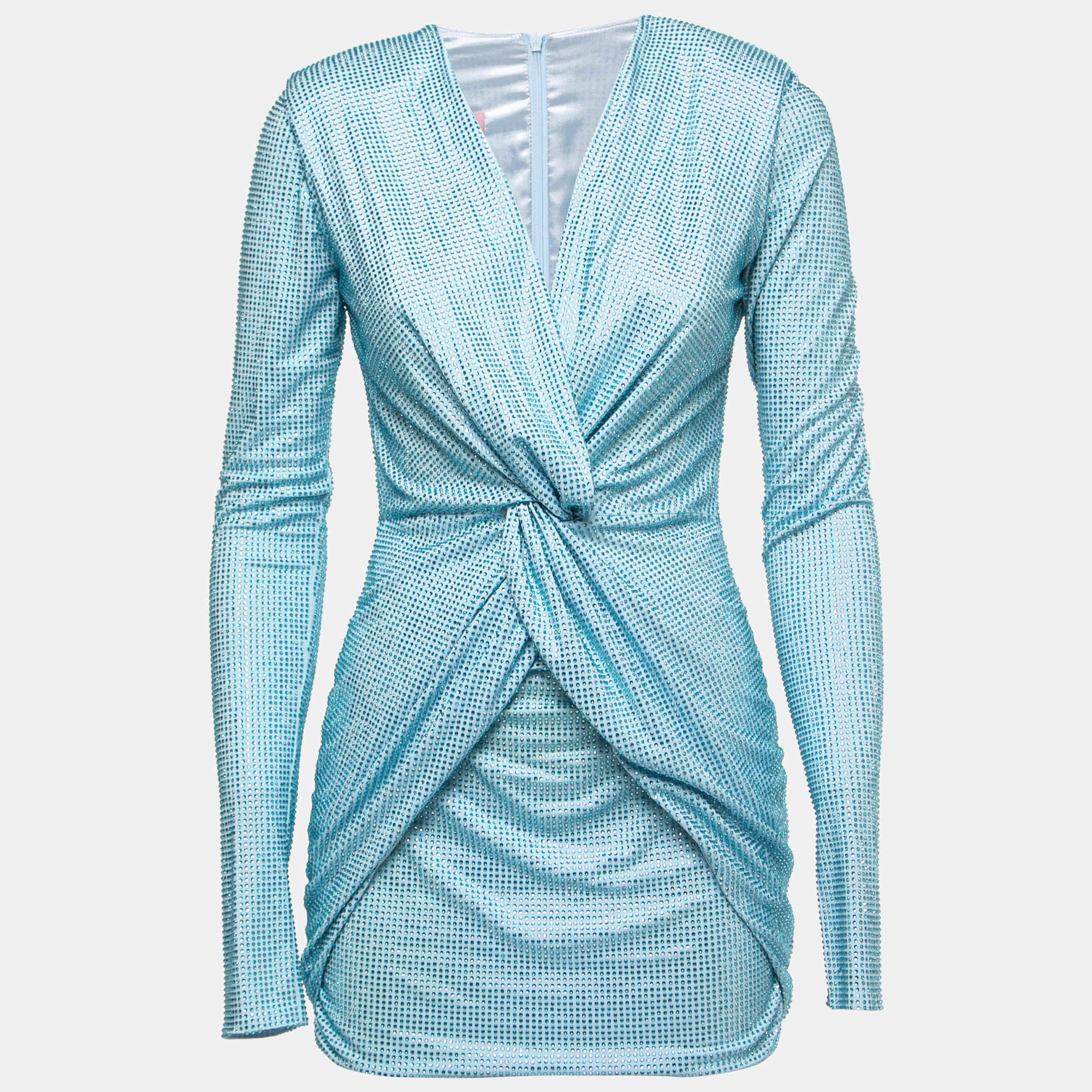 Sofi Milo Blue Embellished Jersey Draped Long Sleeve Mini Dress S