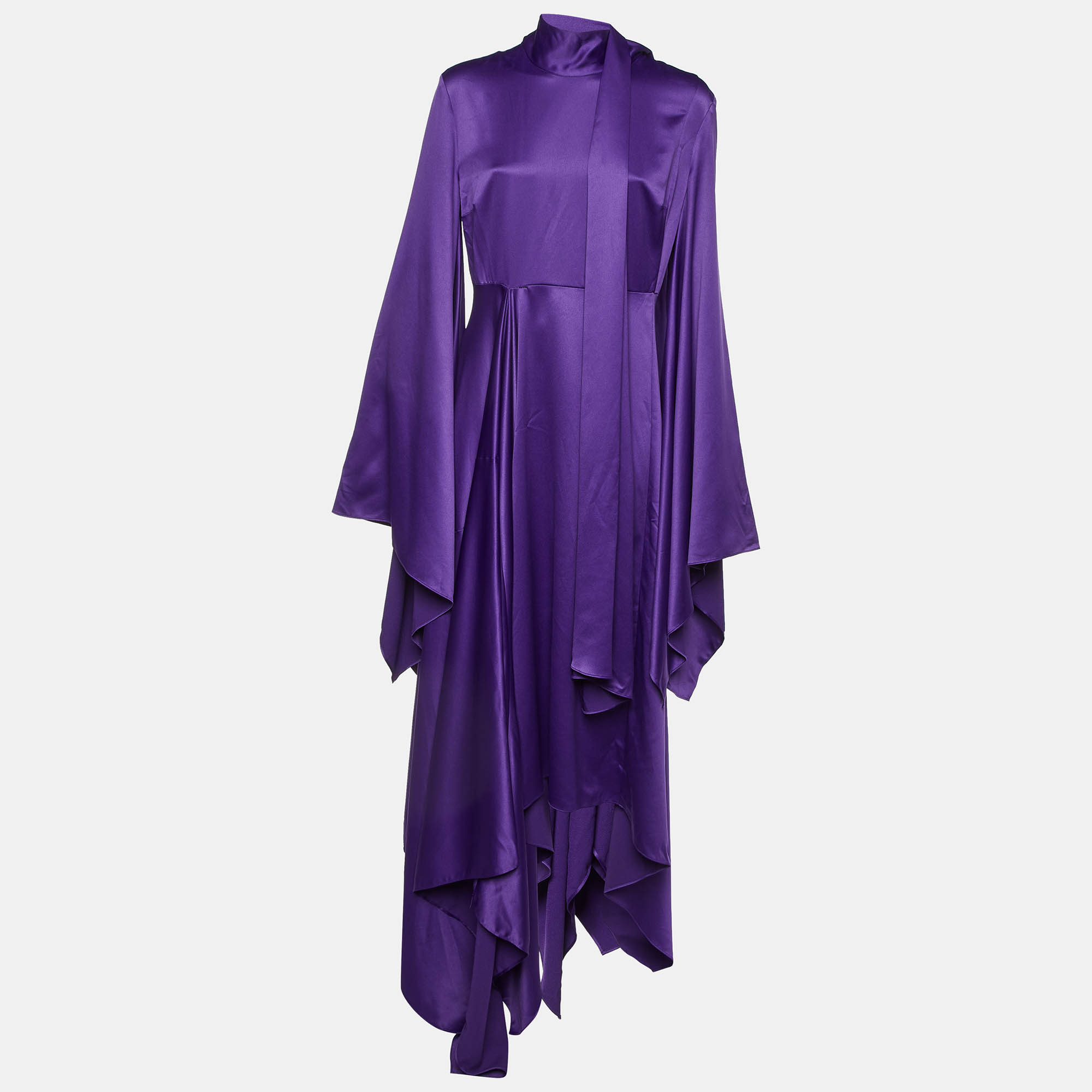 Solace London Purple Satin Asymmetric Flared Sleeves Maxi Dress L 