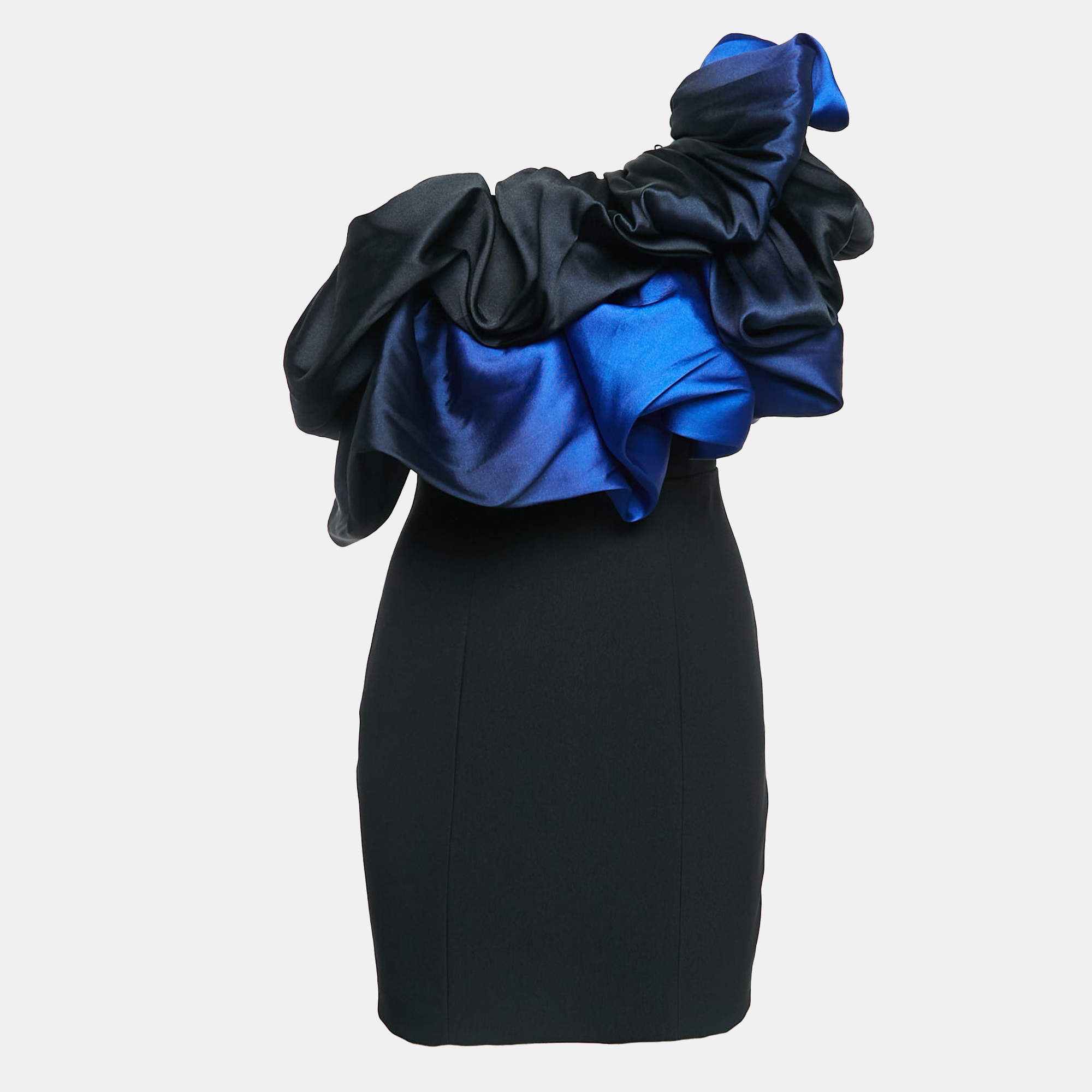 Solace London Black/Blue Crepe One-Shoulder Ruffled Mini Dress S