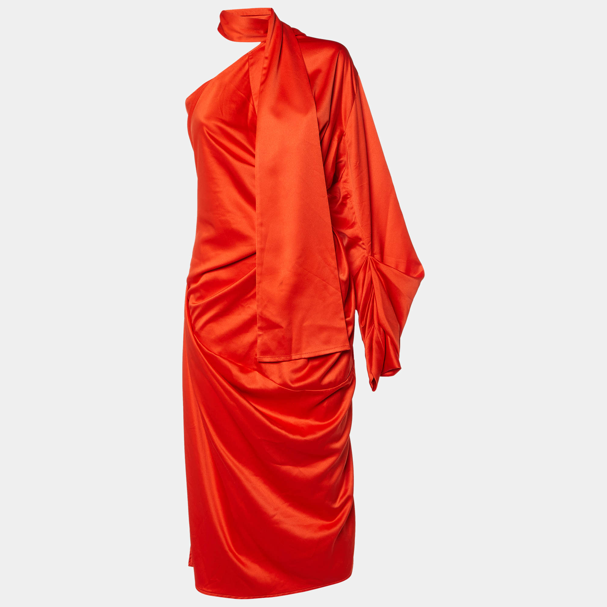 Solace London Orange Satin Sorina Draped Asymmetric Dress M