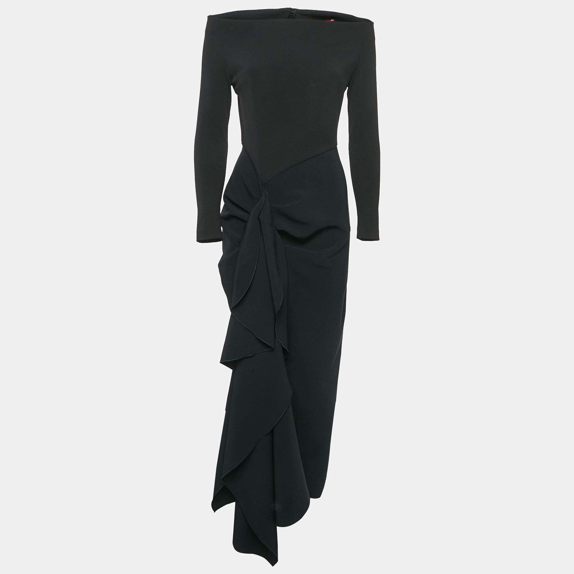 Pre Owned Solace London Black Stretch Crepe Draped Lotus Midaxi Dress M