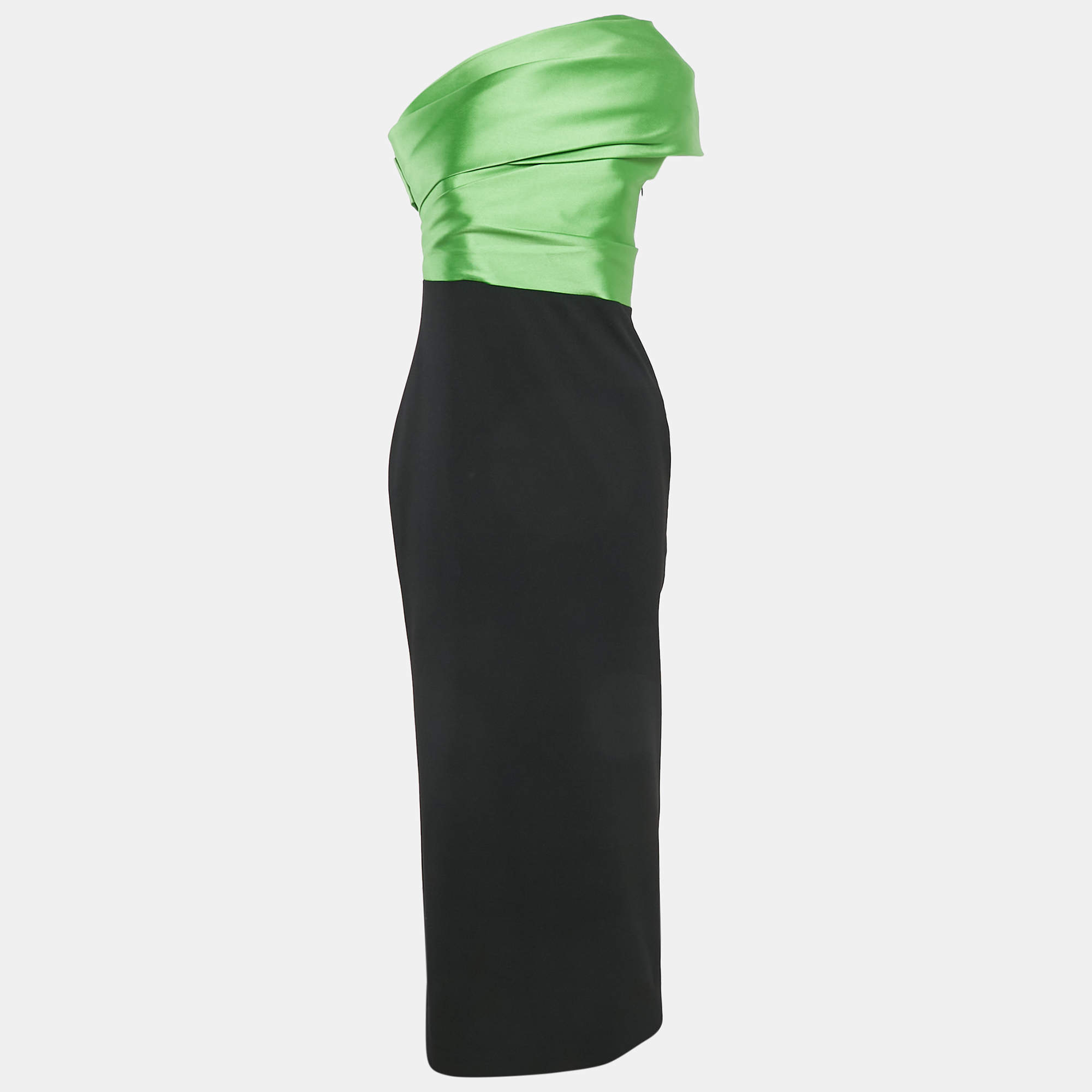 Pre Owned Solace London Green/Black Crepe One Shoulder Selia Maxi Dress M