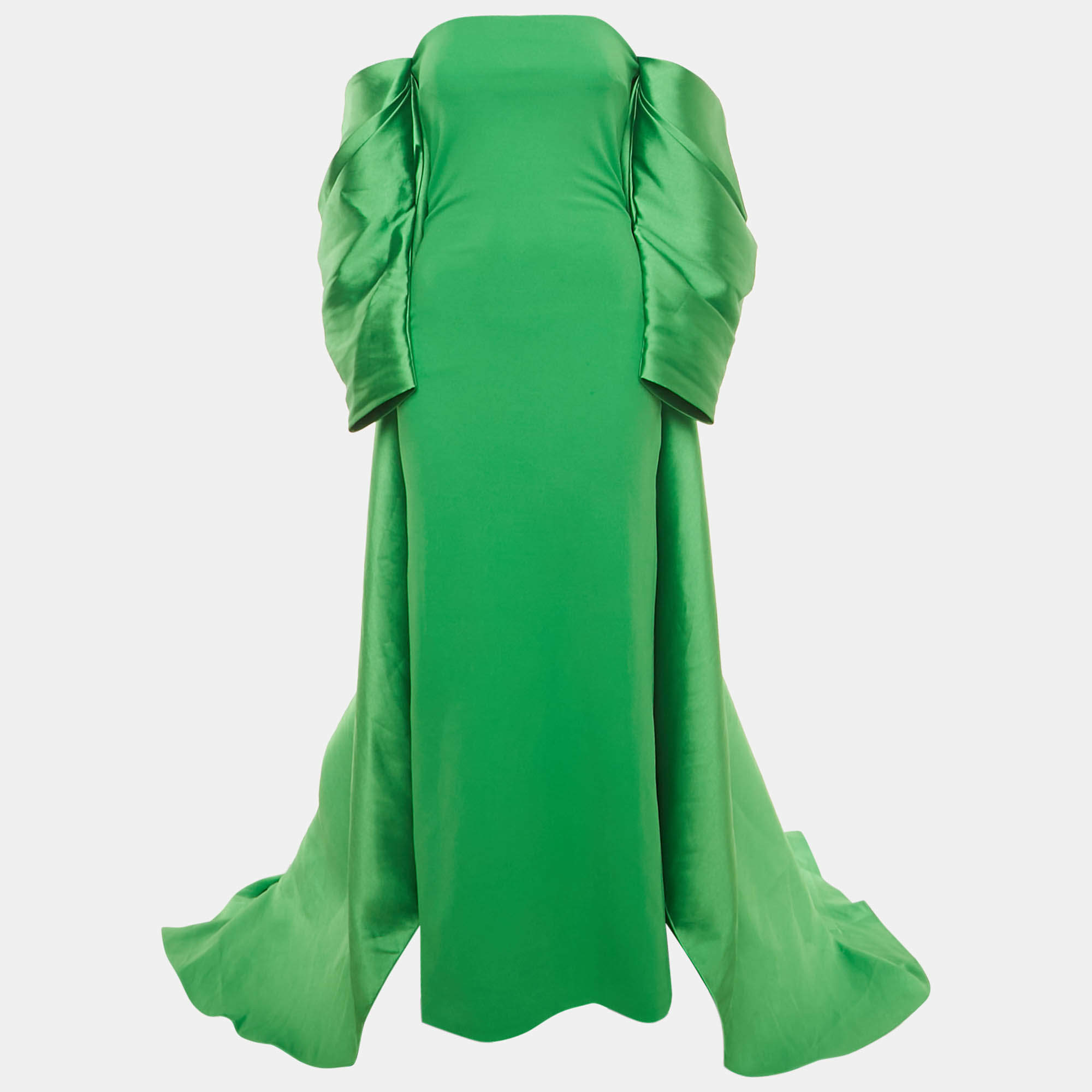 Pre Owned Solace London Green Crepe Off Shoulder Cape Detail Gown S
