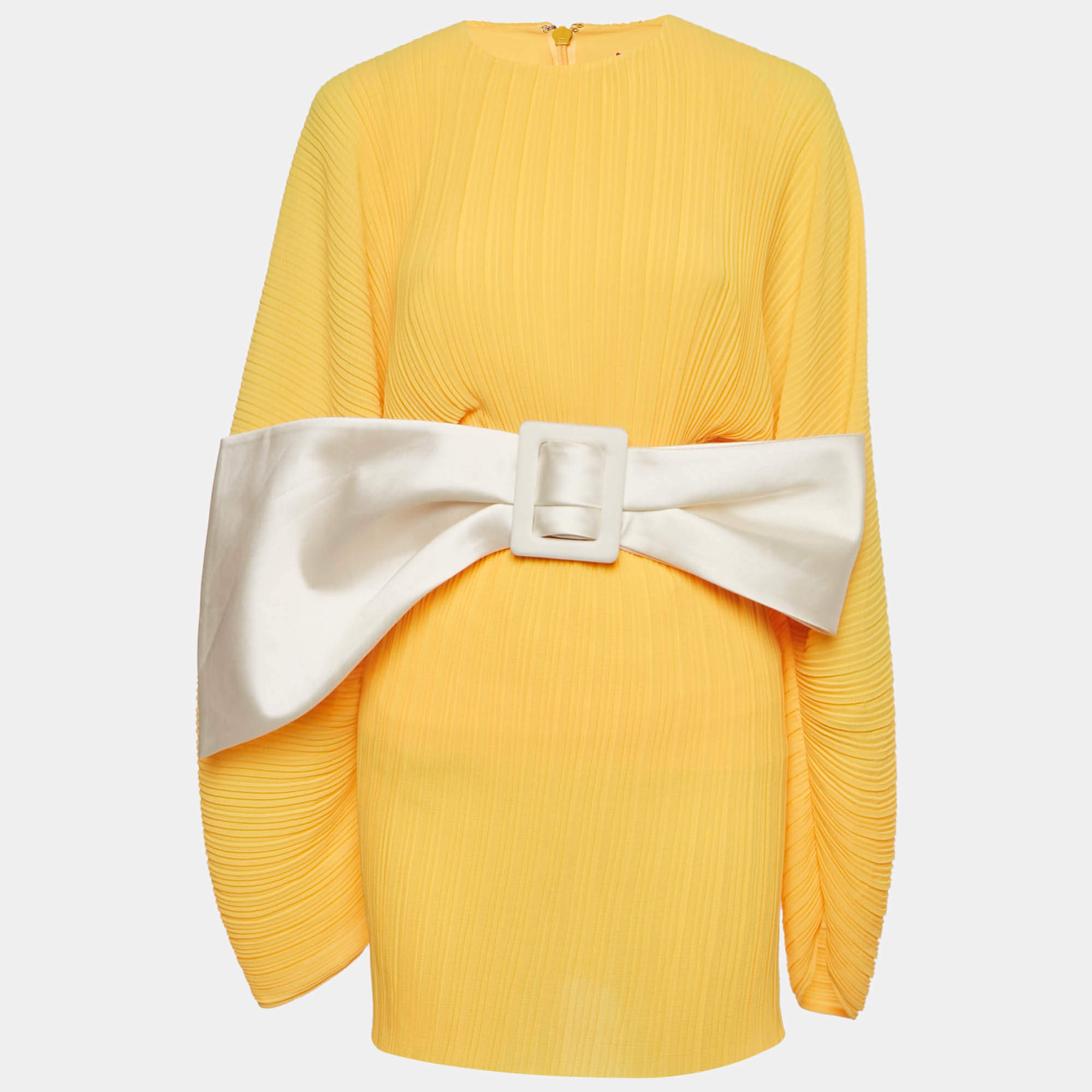Pre Owned Solace London Yellow Plisse Bow Belted Tanzy Short Dress S