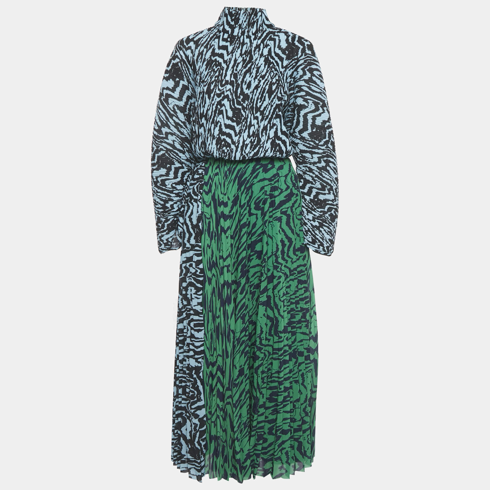 Pre Owned Solace London Blue/Green Printed Plisse Top and Skirt Set S/M