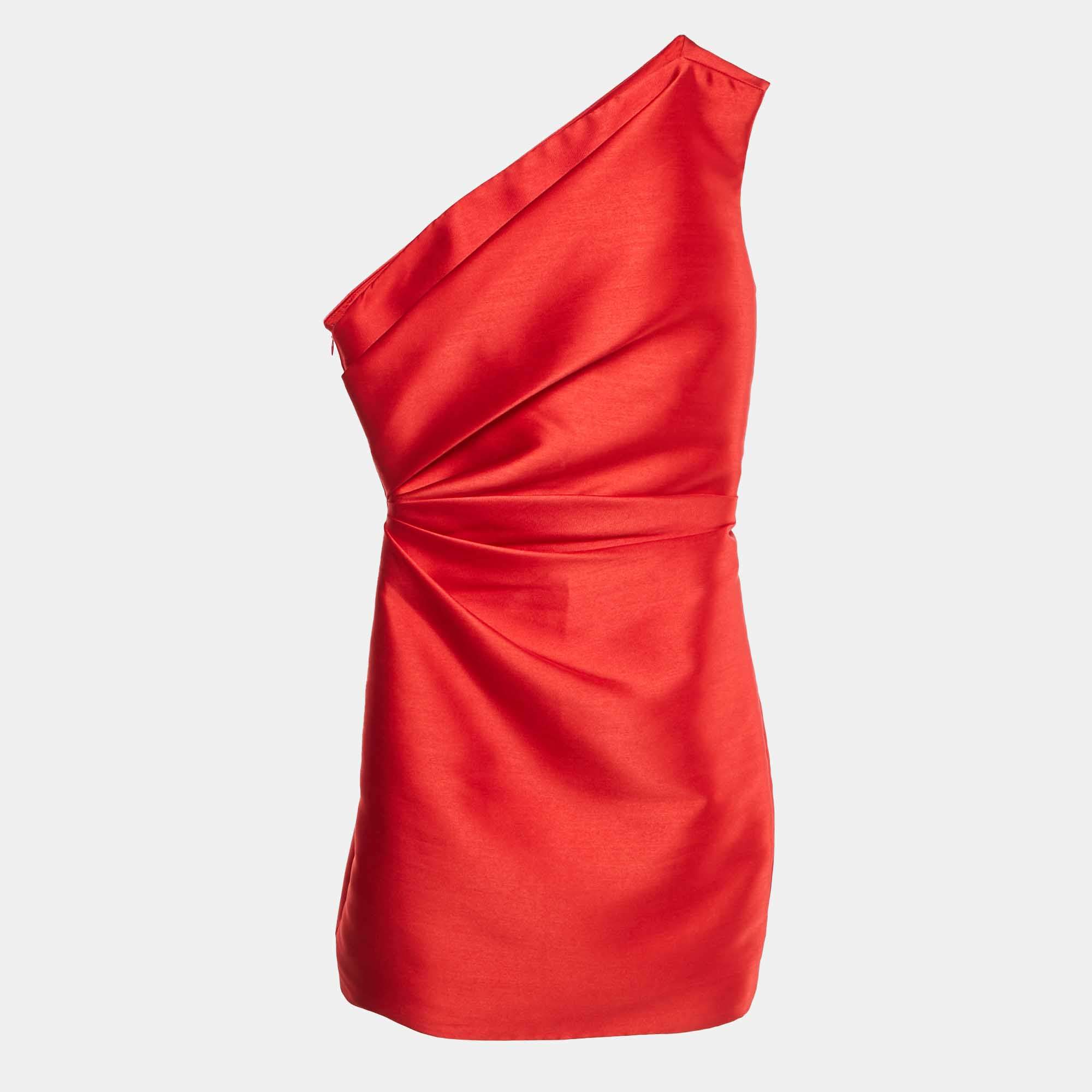 Pre Owned Solace London Red Taffeta One Shoulder Mini Dress S