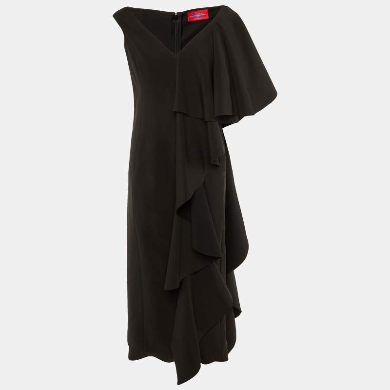 Pre Owned Solace London Black Crepe Cape Shoulder Ruffle Detail Alora Midi Dress L