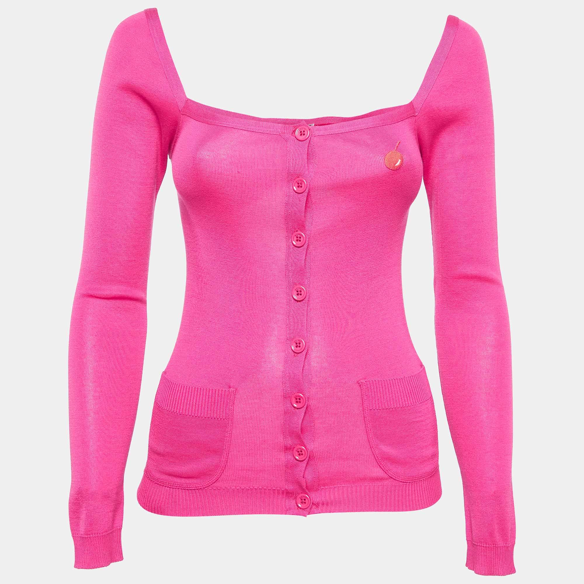 Pre Owned Sonia by Sonia Rykiel Pink Knit Square Neck Cardigan S