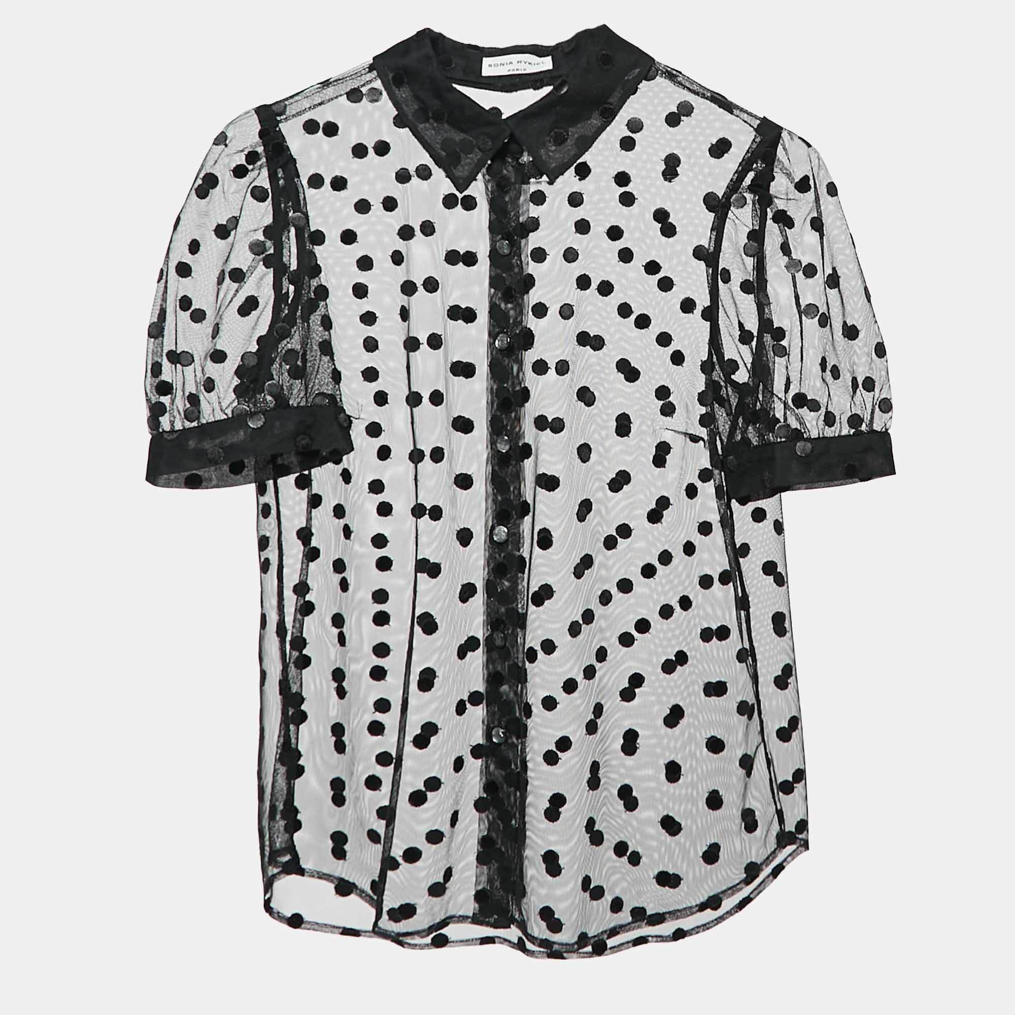 Pre Owned Sonia Rykiel Black Polka Dot Embroidery Sheer Tulle Blouse S