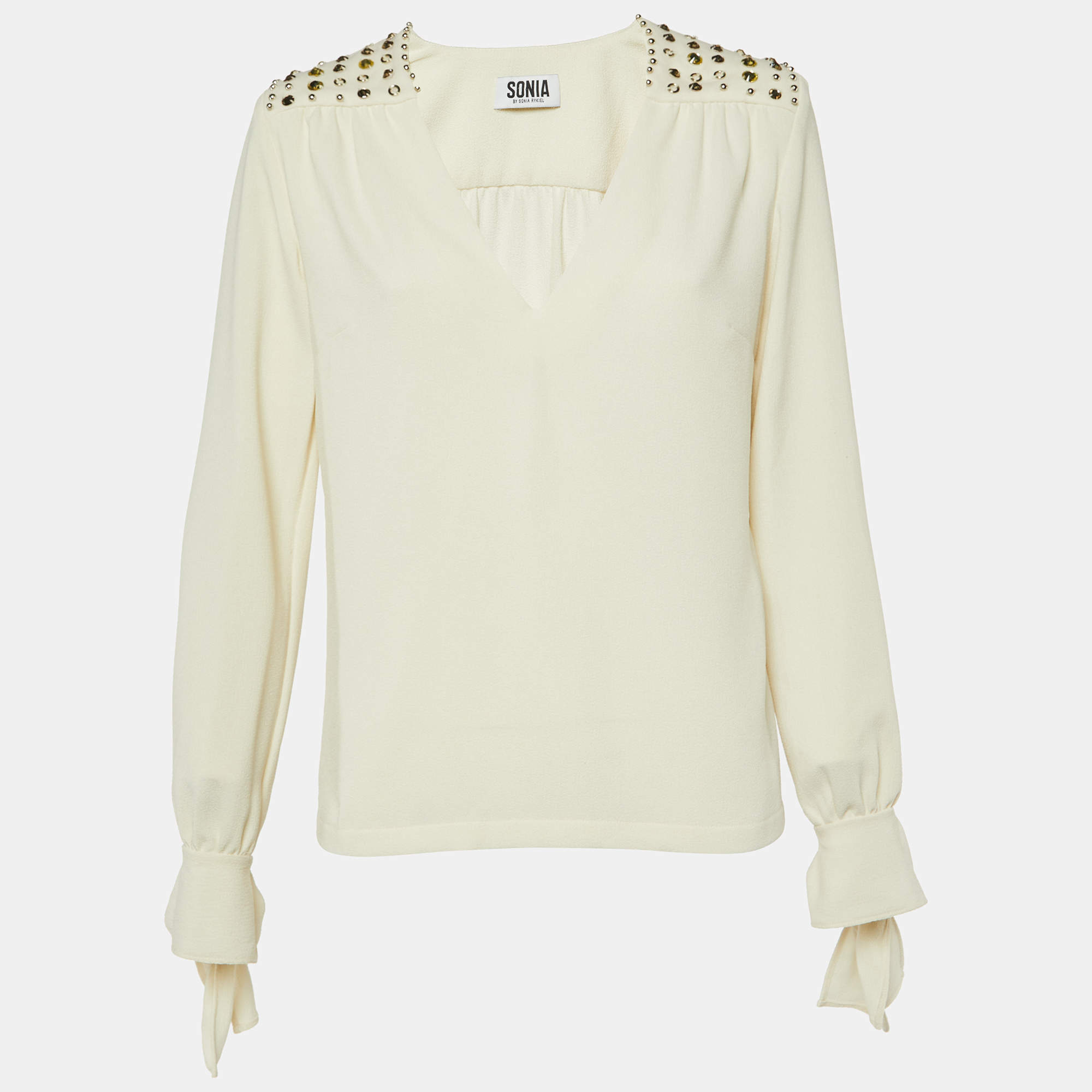 Sonia by Sonia Rykiel Cream Crepe Embellished V-Neck Top M