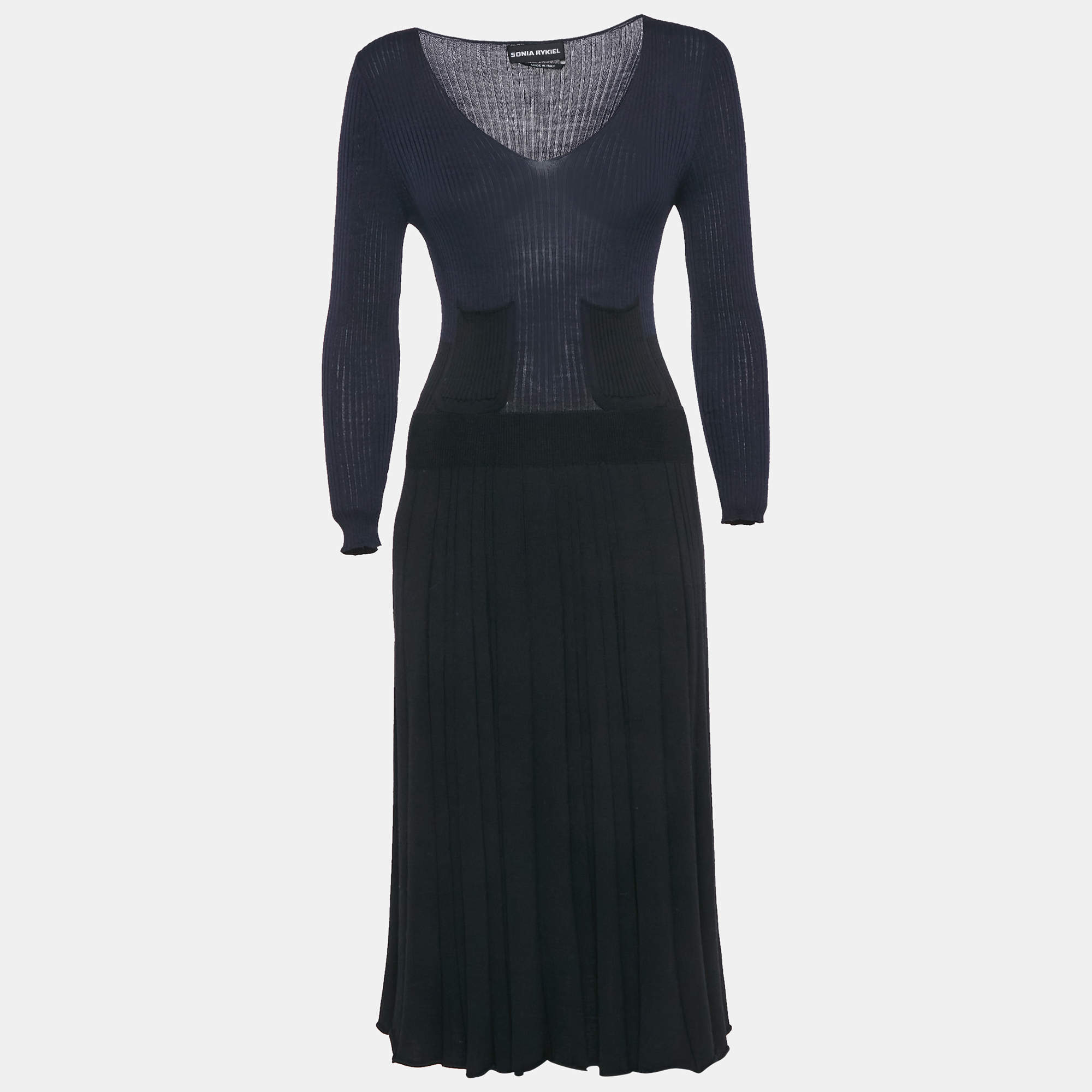 Pre Owned Sonia Rykiel Navy Blue/Black Rib Knit V-Neck Midi Dress M