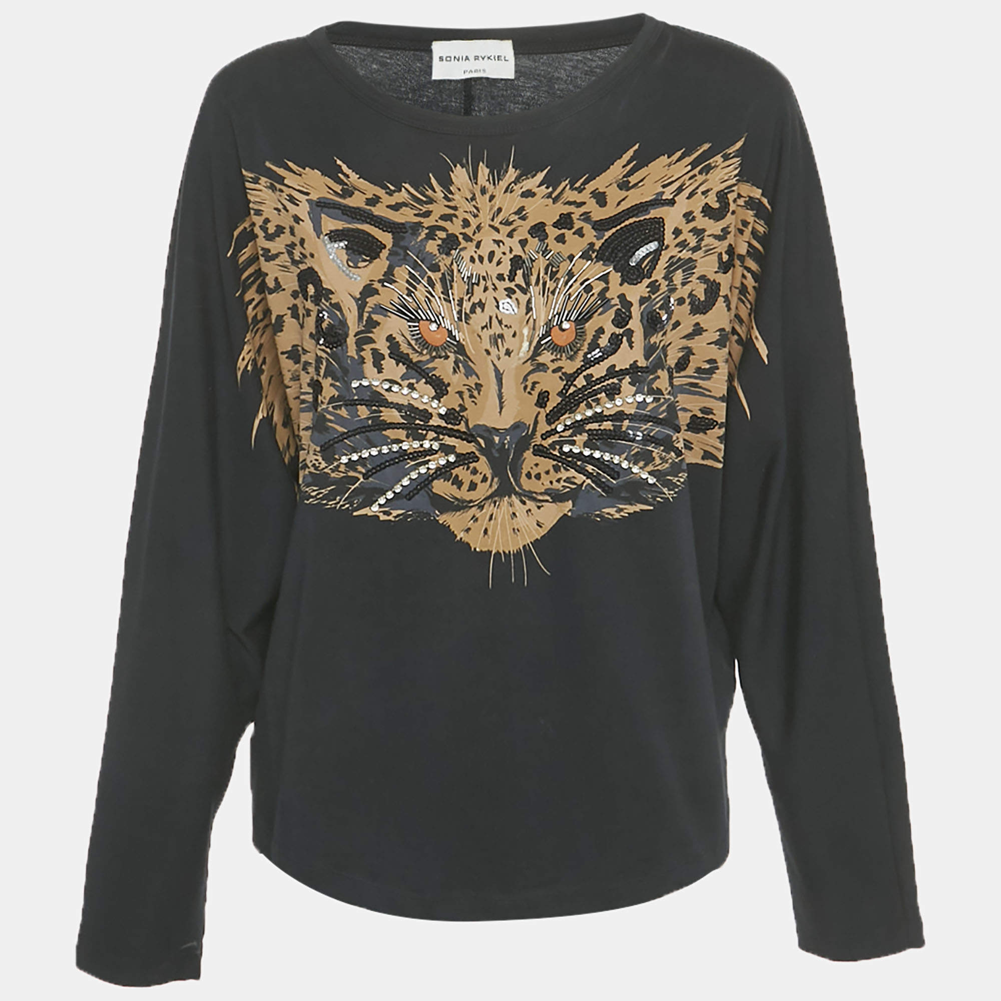 Pre Owned Sonia Rykiel Black Tiger Print Jersey Beaded Top L