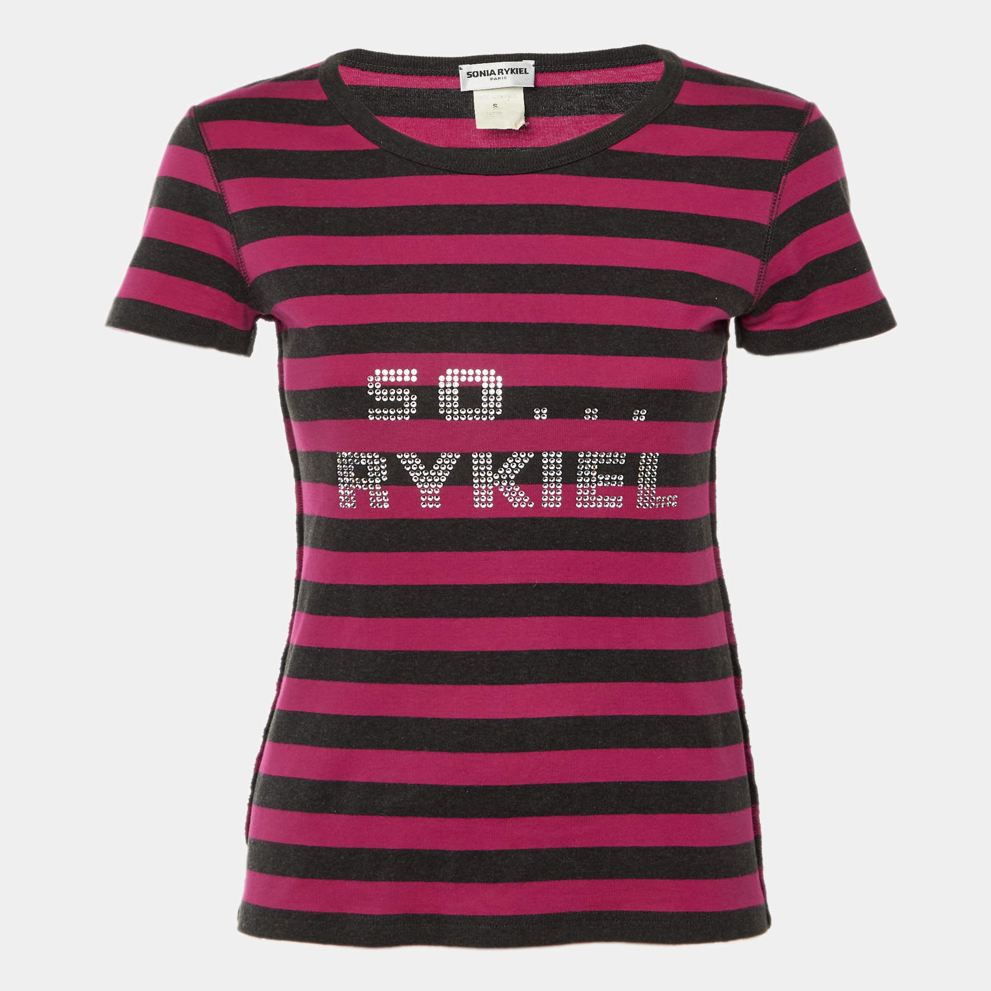 مملوكة مسبقًا Sonia Rykiel Pink Striped Cotton So Rykiel Embellished T-Shirt S