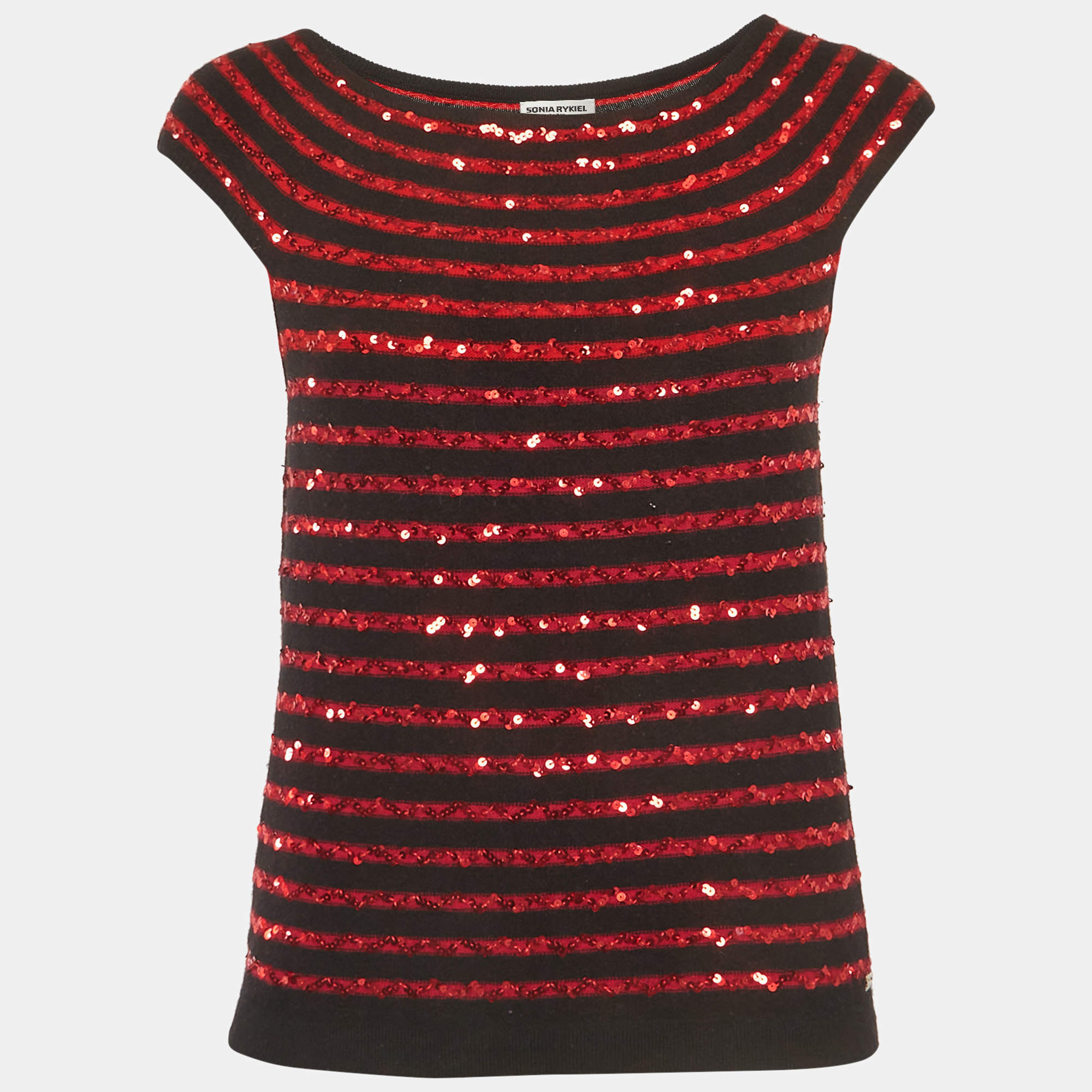 Pre Owned Sonia Rykiel Black/Red Sequin Striped Cashmere Top L