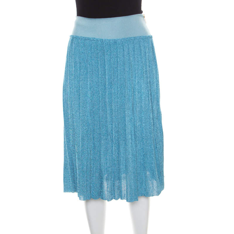 Pre Owned Sonia Rykiel Metallic Blue Ribbed Waist Pleated Midi Skirt S