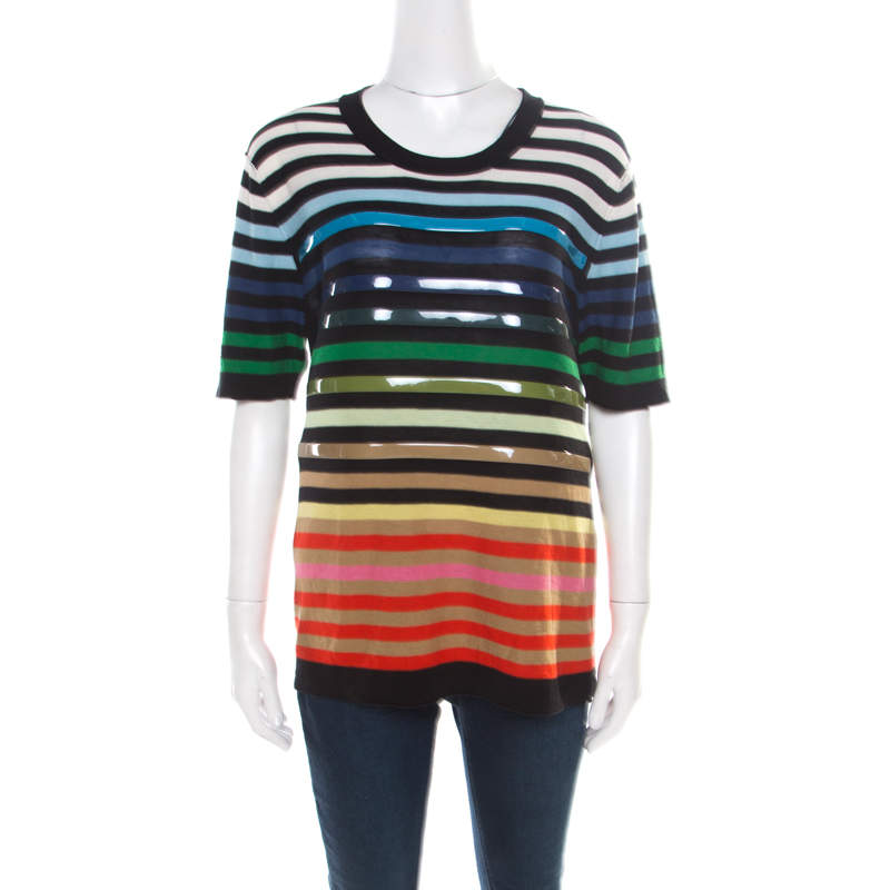 Sonia Rykiel Multicolor Striped Cotton and Silk Vinyl Strip Detail Top M