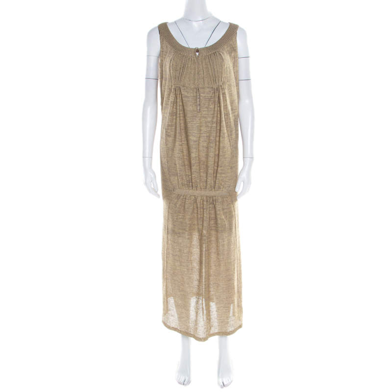 Sonia Rykiel Beige Perforated Lurex Knit Maxi Dress L