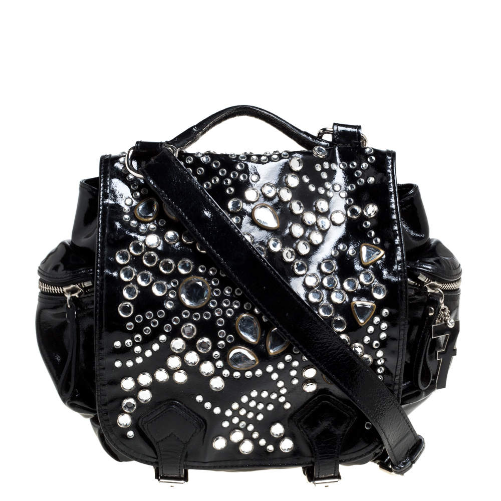 Pre Owned Sonia Rykiel Black Patent Leather Crystal Embellished Top Handle Bag