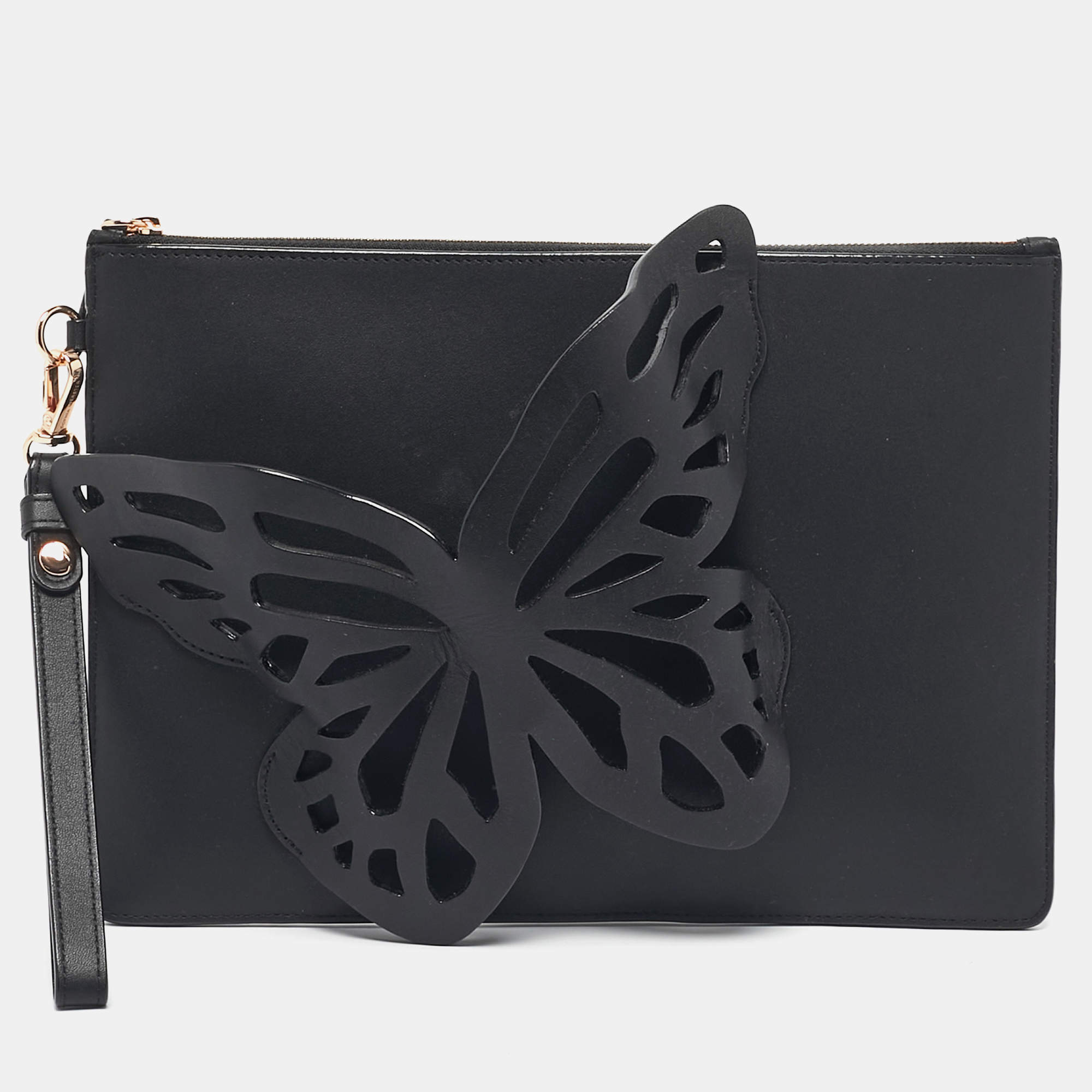 Pre Owned Sophia Webster Black Leather Butterfly Wristlet Clutch