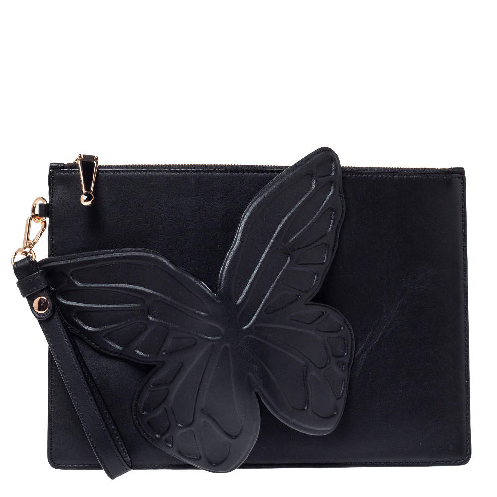 Pre Owned Sophia Webster Black Leather Butterfly Wristlet Pouch