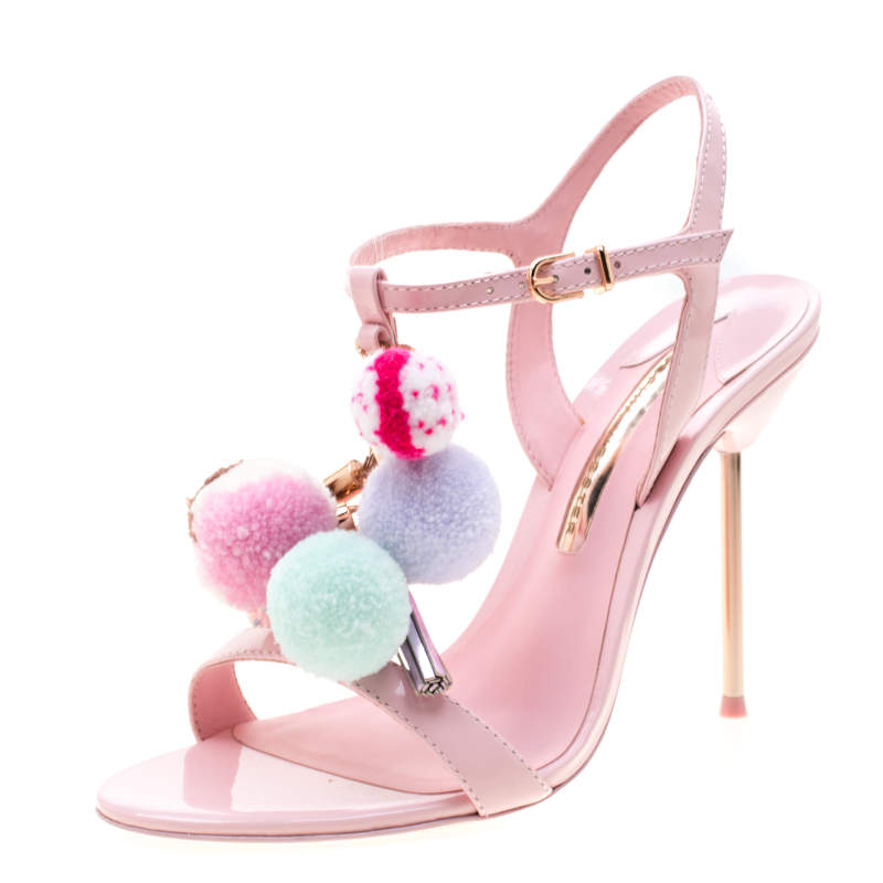 Sophia Webster Pink Leather Layla Pom Pom Embellished T-Strap Sandals Size 39.5