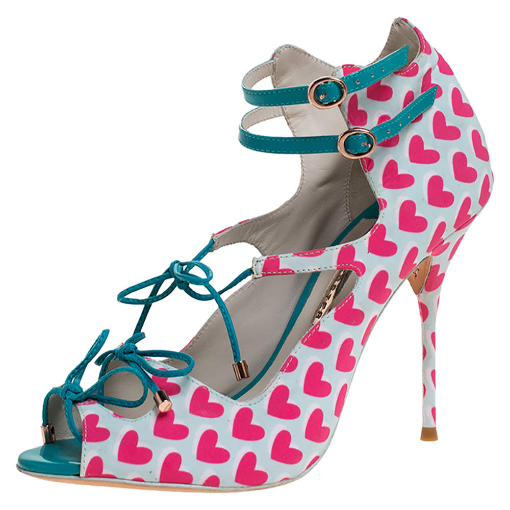 Pre Owned Sophia Webster Pink/Multicolor Heart Print Nylon Sandals Size 39.5