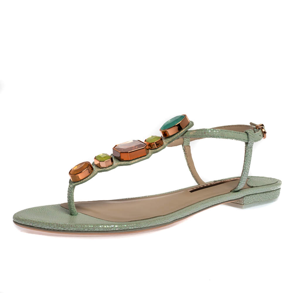 Pre Owned Sophia Webster Mint Green Iridescent Leather Lily Jewel Embellished Thong Sandals Size 40