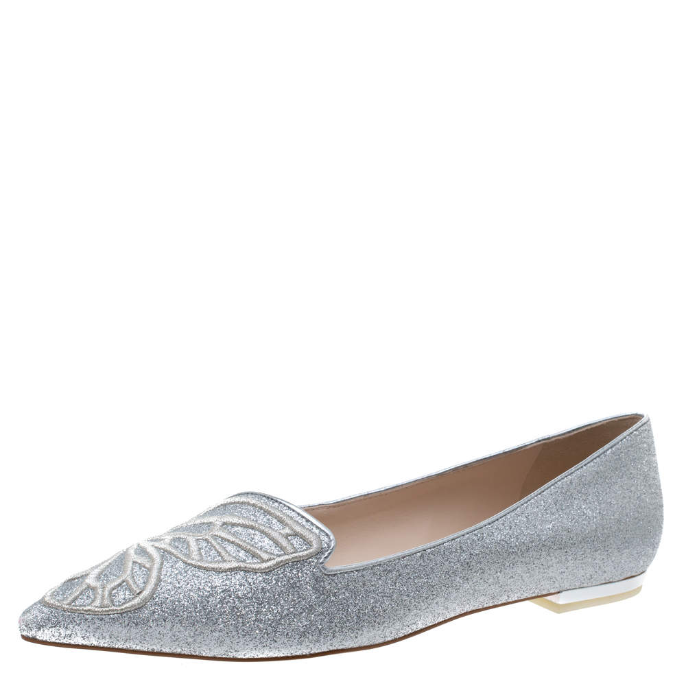 Pre Owned Sophia Webster Silver Glitter Bibi Butterfly Ballet Flats Size 40