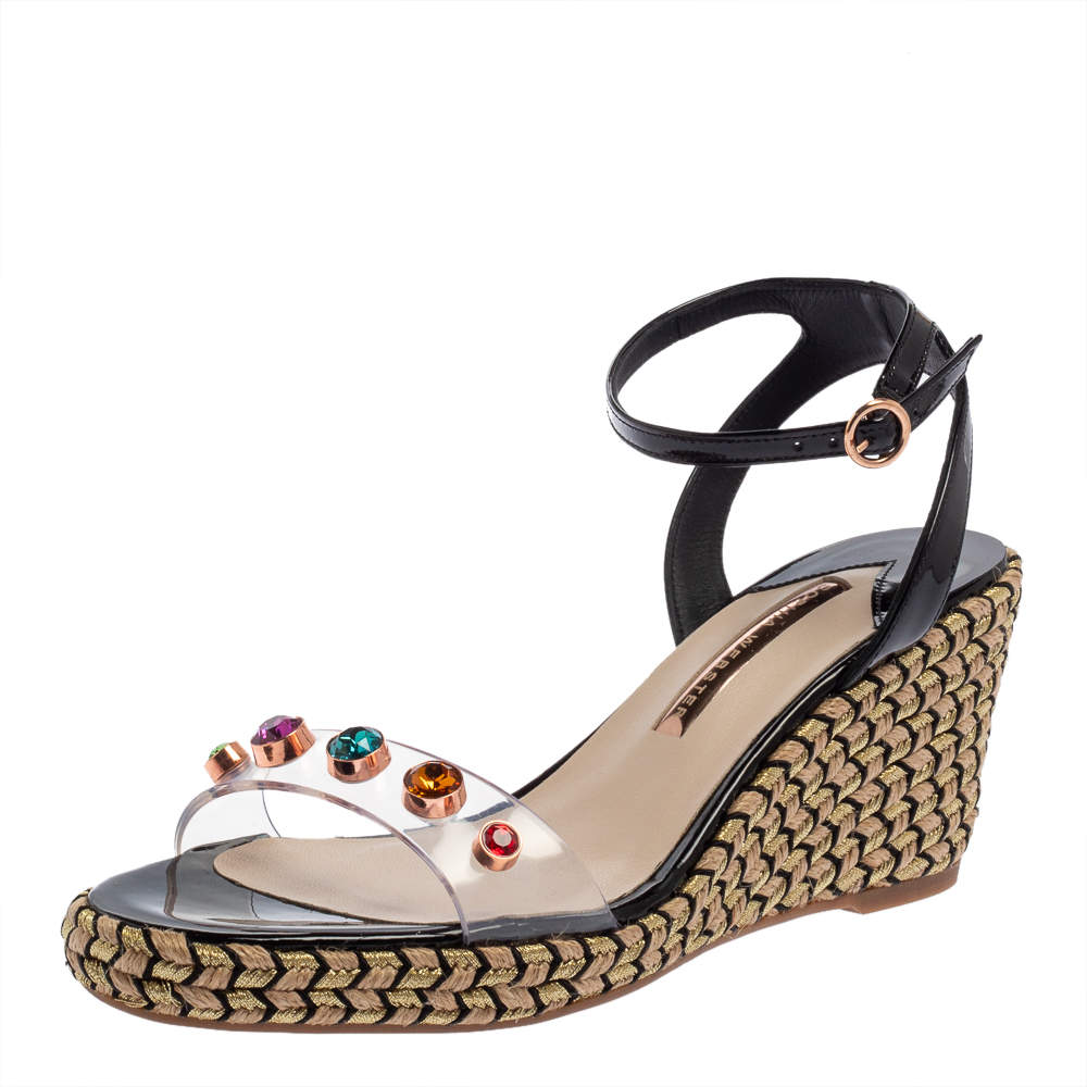 Pre Owned Sophia Webster Black Patent Leather And Dina Gem Embellished PVC Espadrille Wedges Size 42