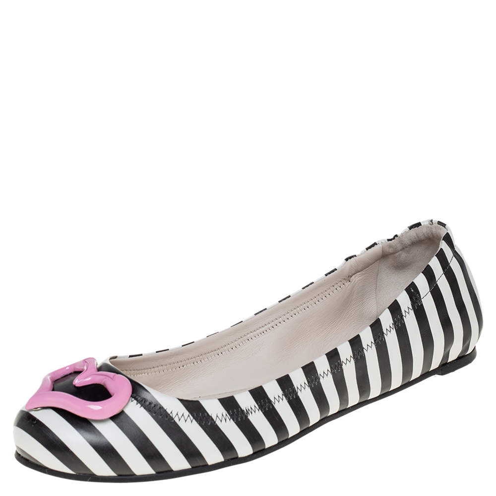 Pre Owned Sophia Webster White/Black Leather Miami Stripe Ballet Flat Size 38