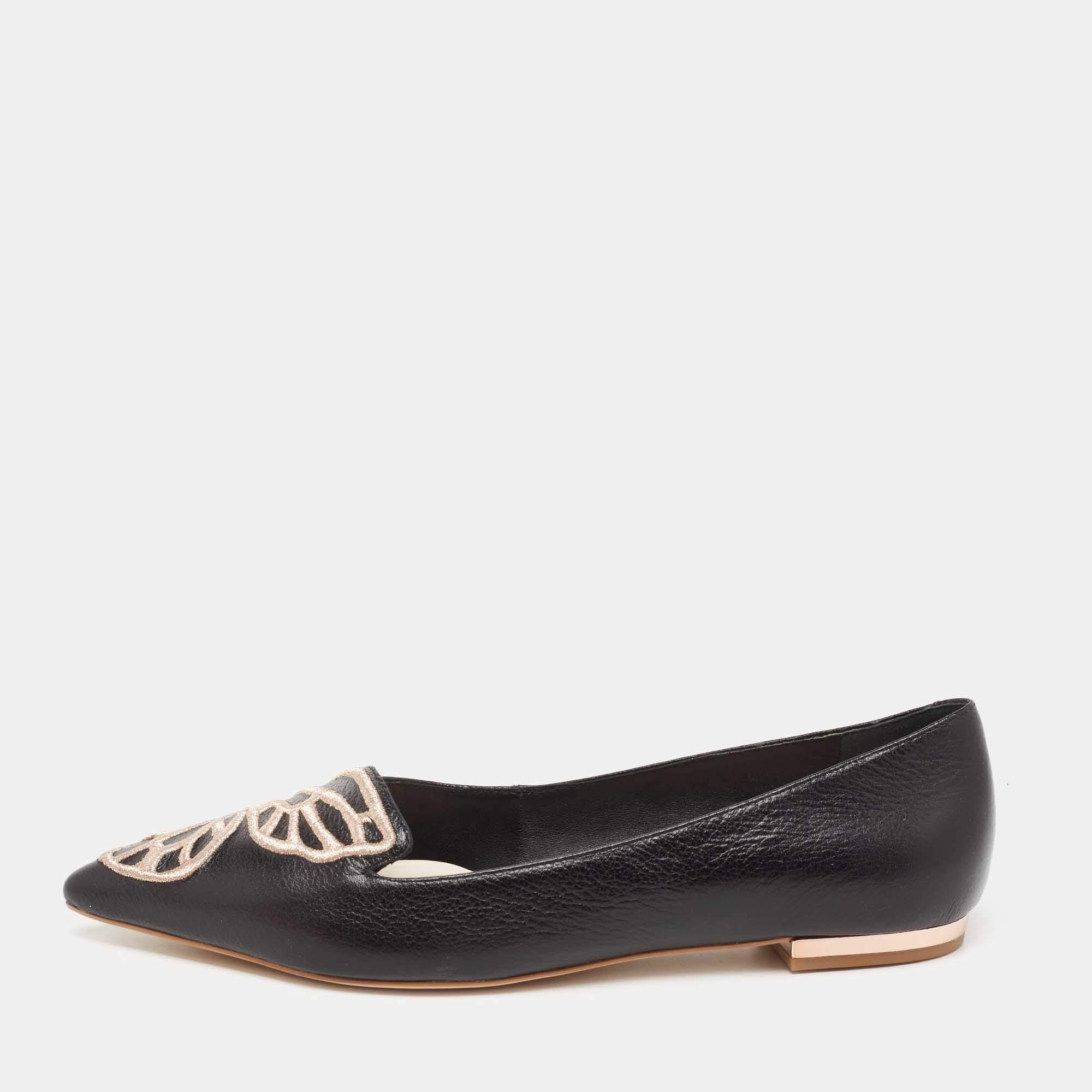 Pre Owned Sophia Webster Black Leather Embroidered Bibi Butterfly Pointed-Toe Ballet Flats Size 38.5