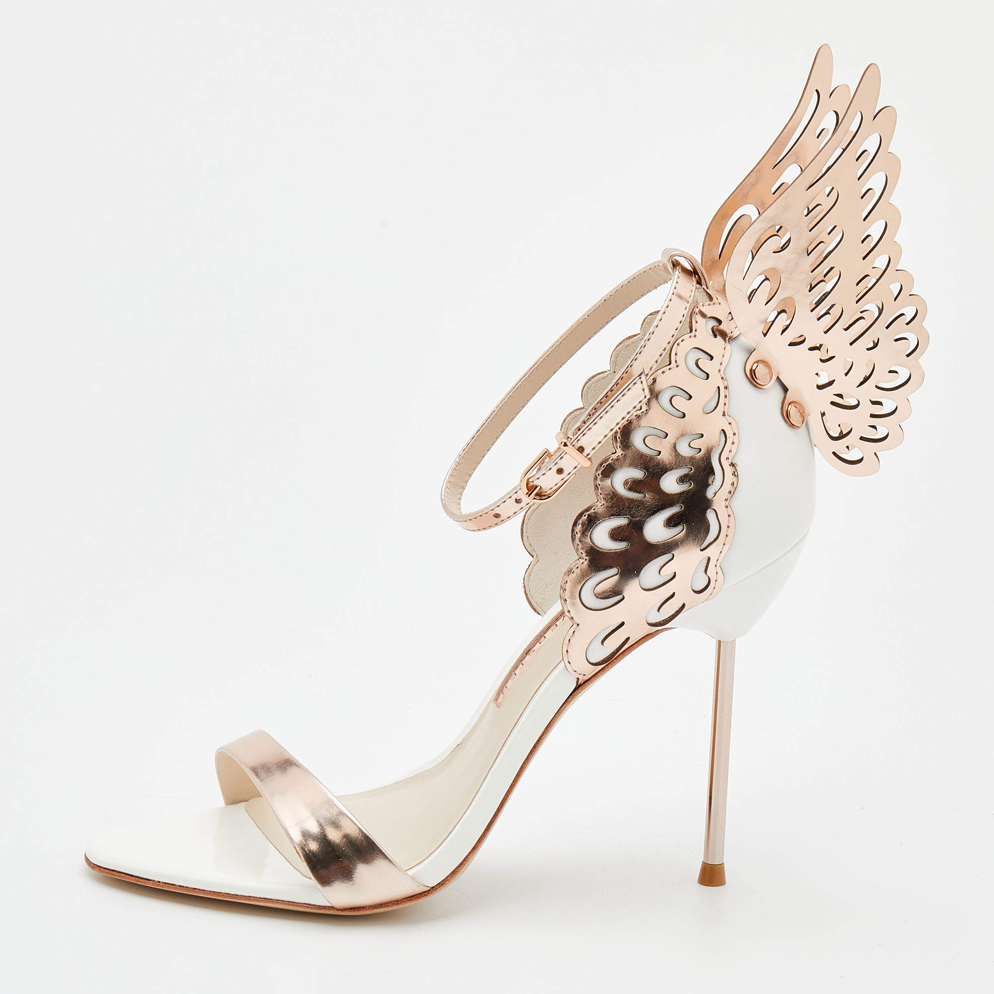 Pre Owned Sophia Webster Rose Gold/White Leather Evangeline Laser Cut Angel Wing Ankle Strap Sandals Size 37