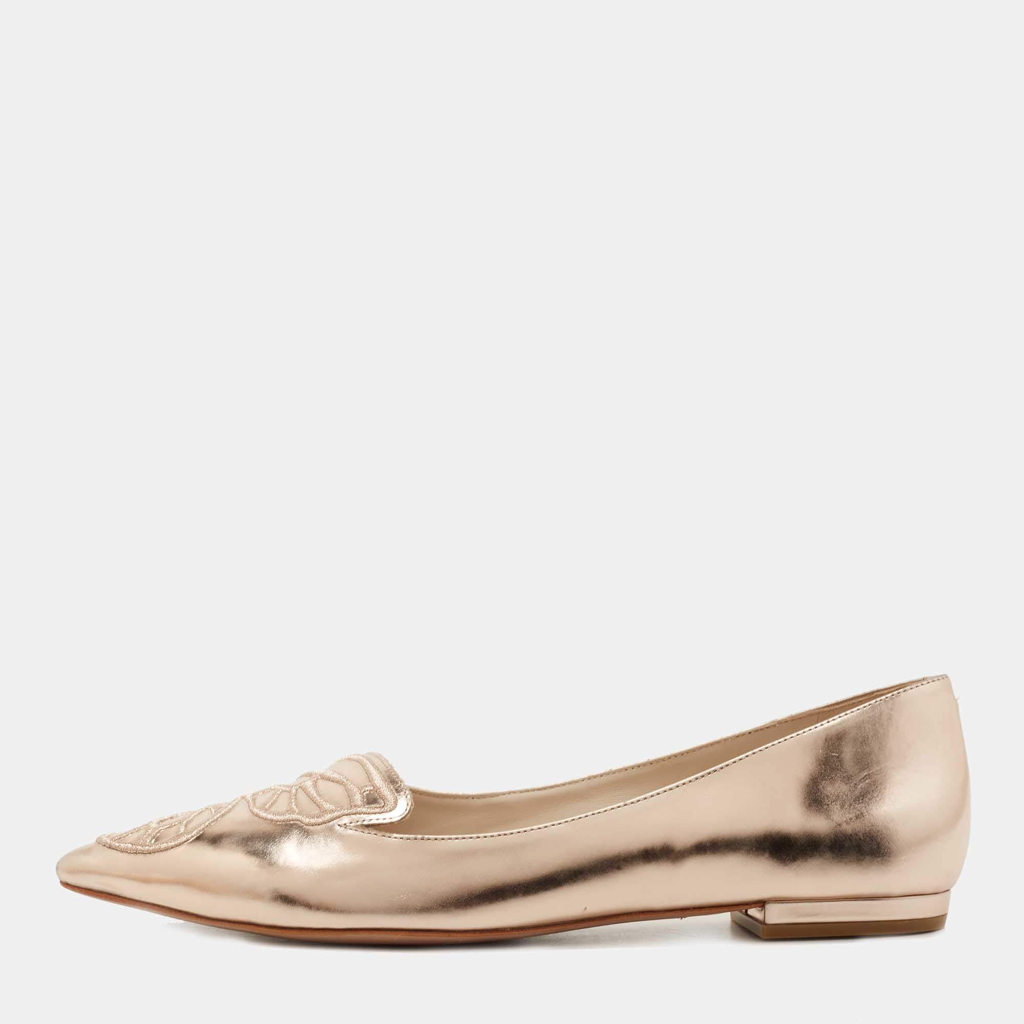 Pre Owned Sophia Webster Rose Gold Leather Bibi Butterfly Ballet Flats Size 40.5