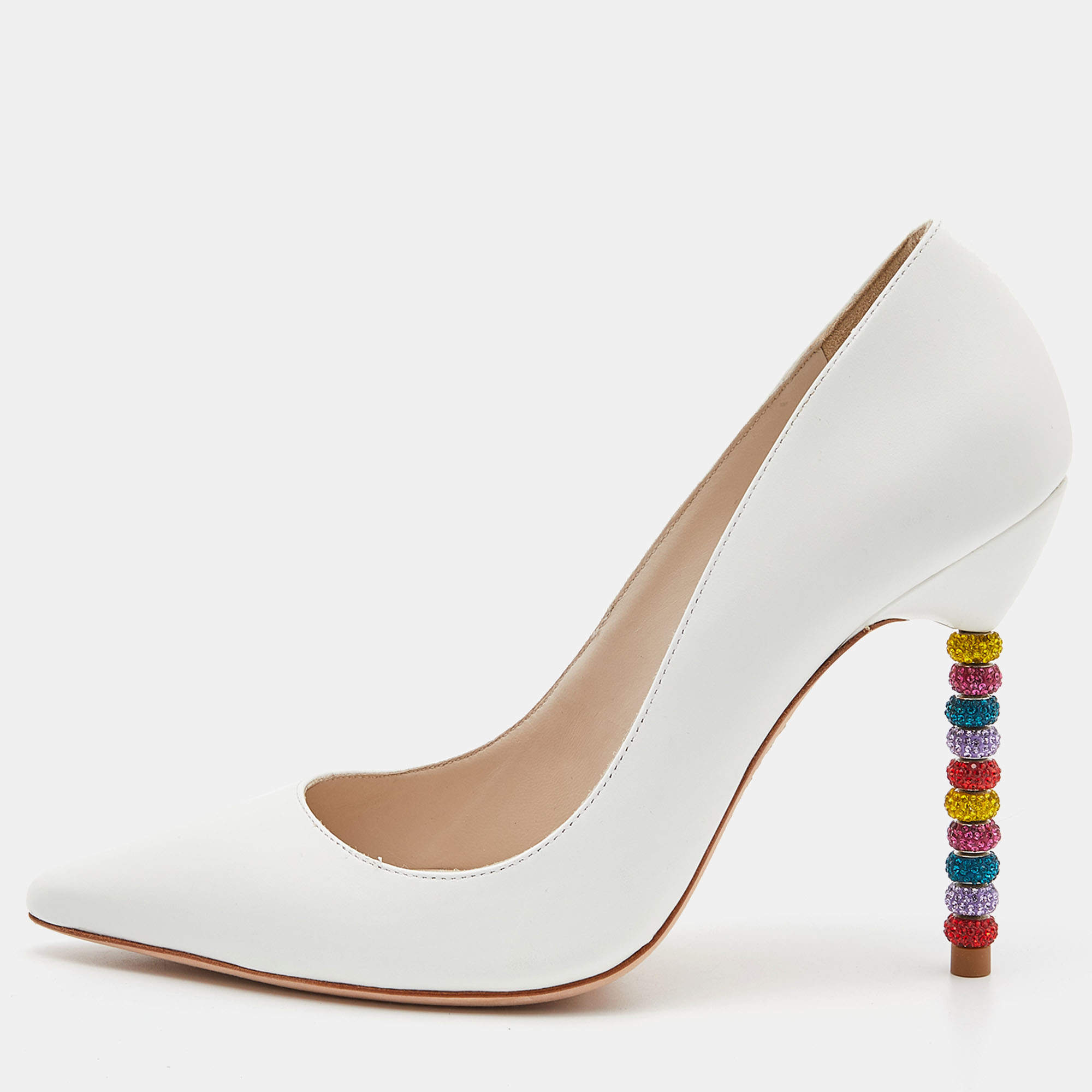 Pre Owned Sophia Webster White Leather Coco Crystal Embellished Pointed Toe Pumps Size 38.5