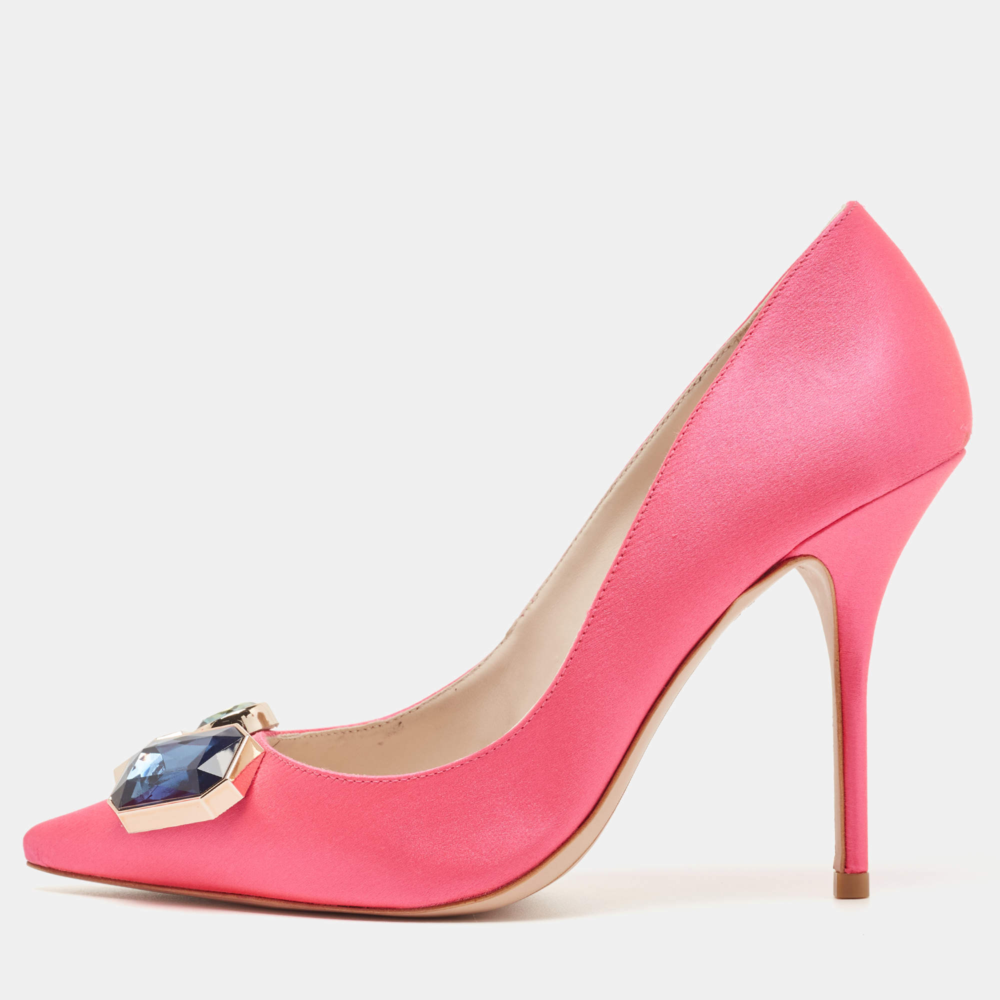 Pre Owned Sophia Webster Hot Pink Satin Lola Gem Pointed Toe Pumps Size 39.5