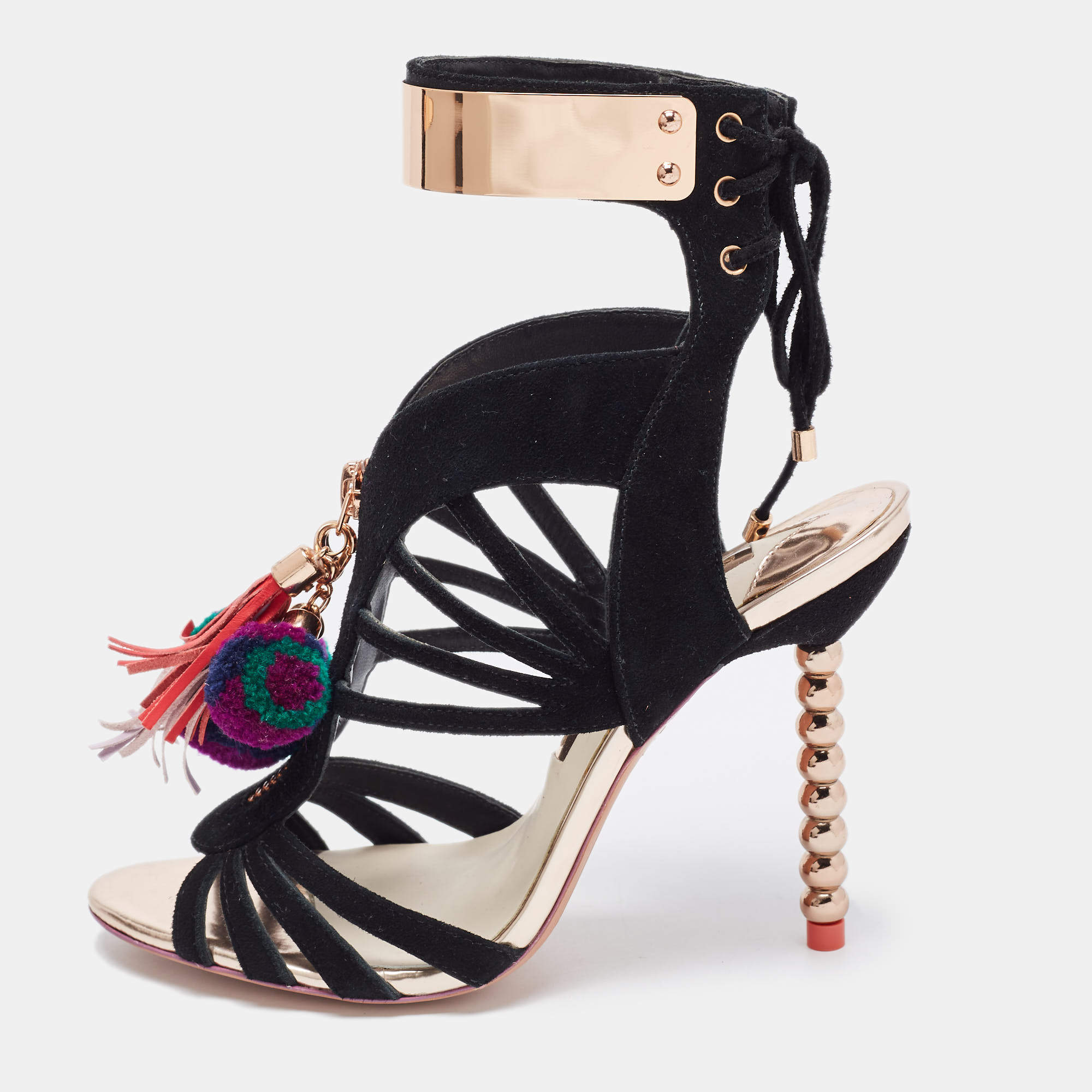 Pre Owned Sophia Webster Black Suede Pom Pom Ankle Strap Sandals Size 36