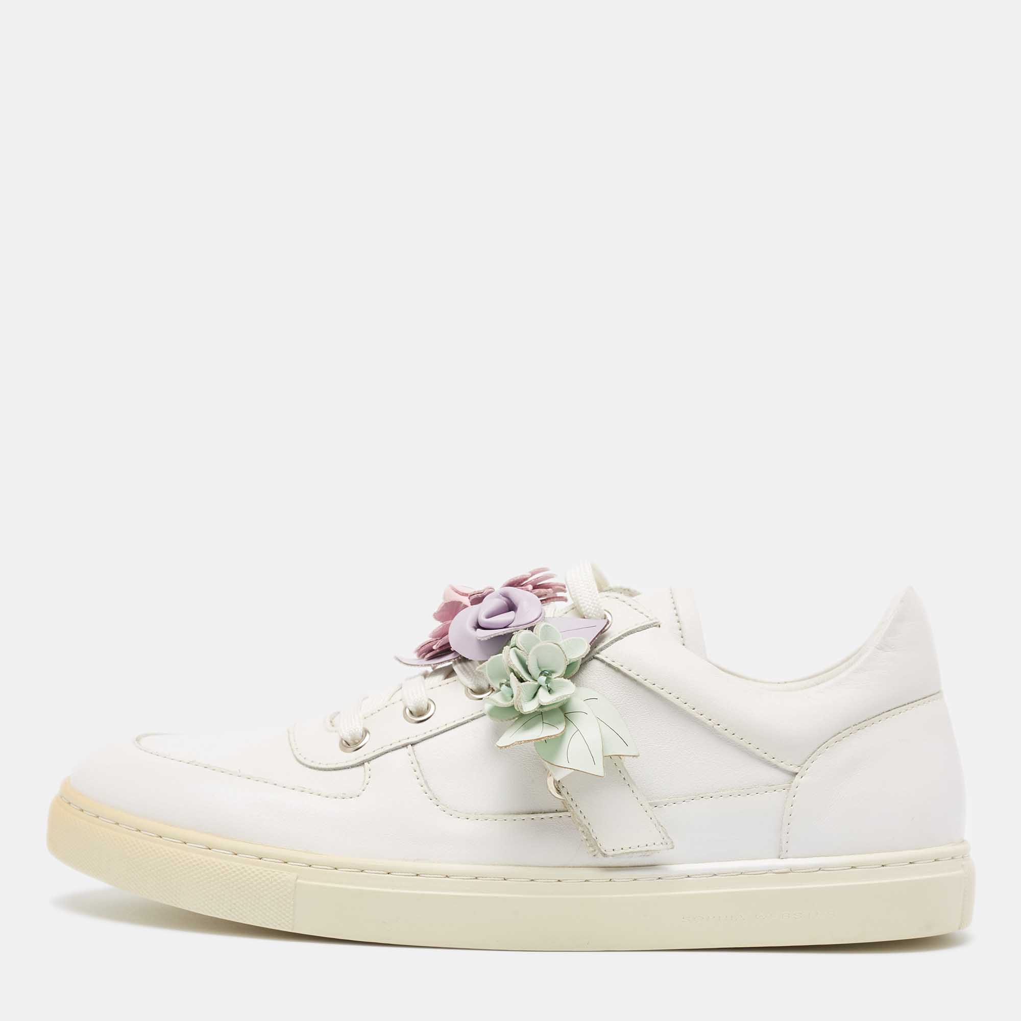 Sophia Webster White Leather  Flower Embellished Low Top Sneakers  Size 42