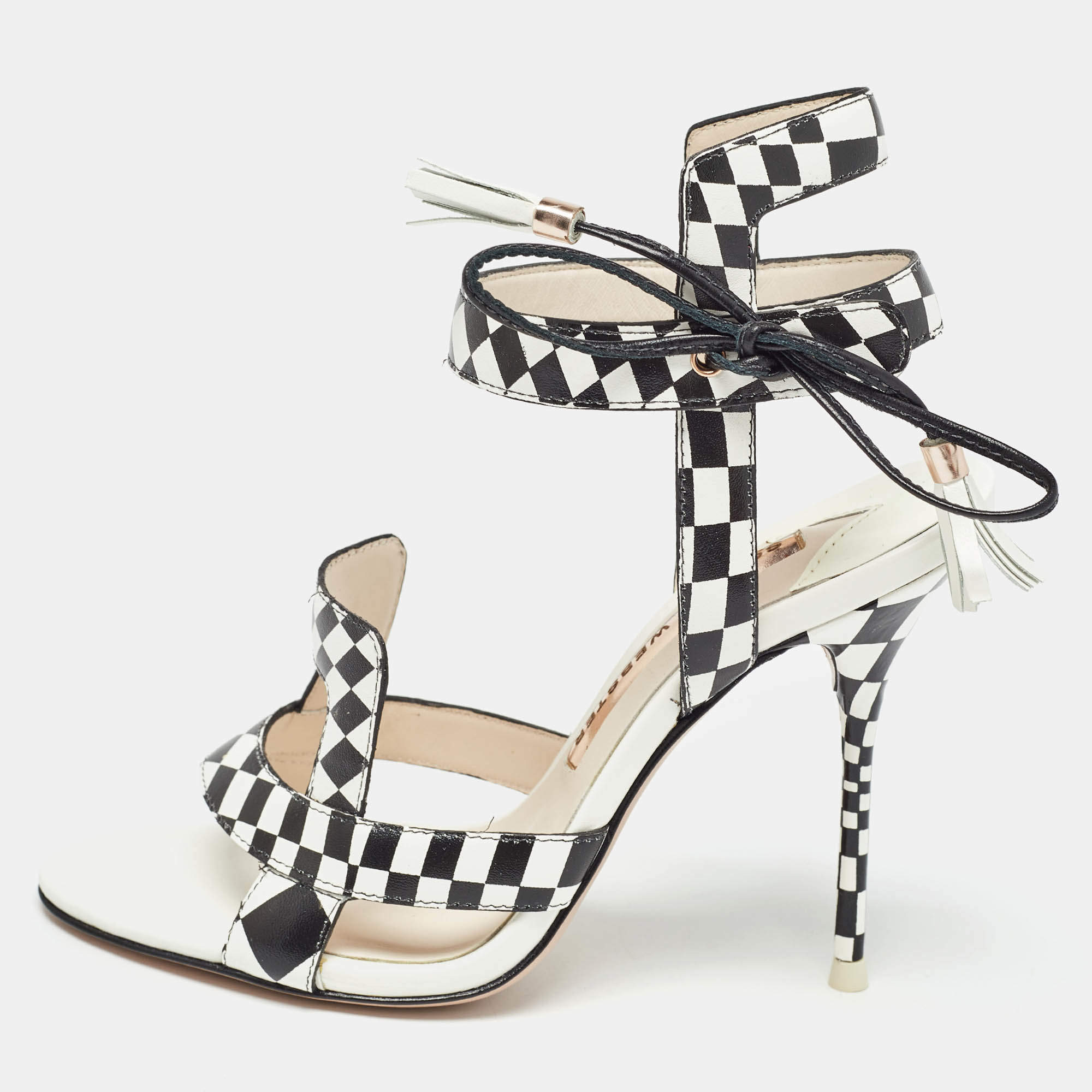 Pre Owned Sophia Webster White/Black Checkered Leather Poppy Sandals Size 35.5