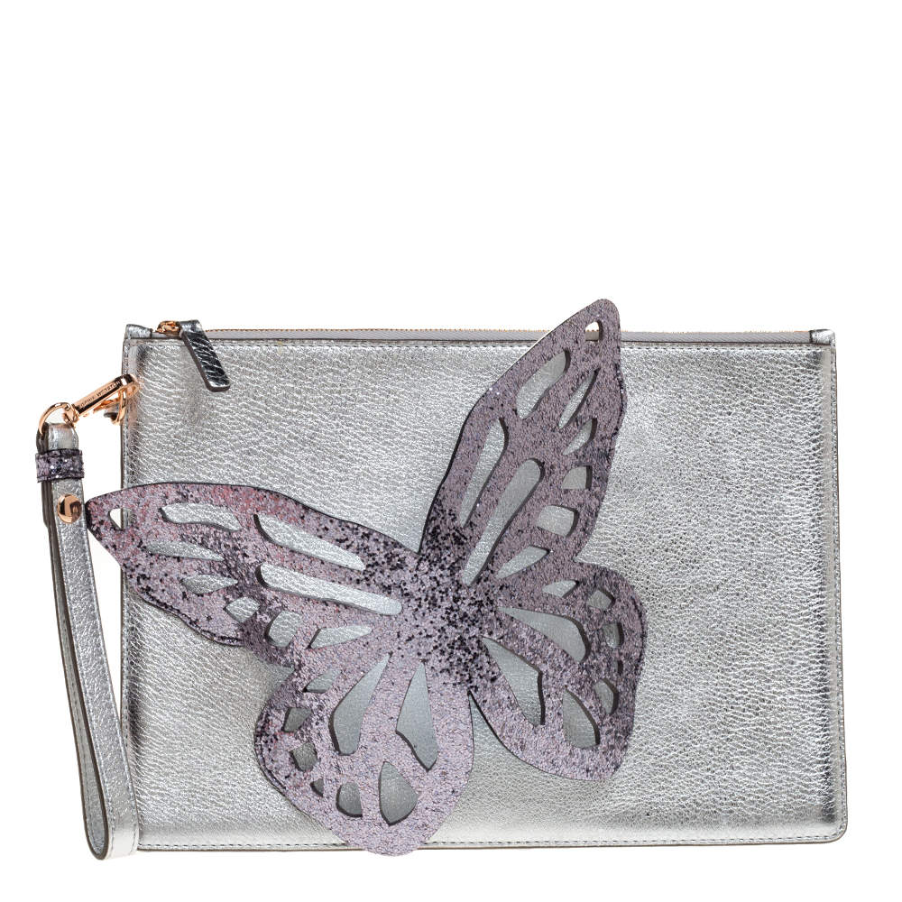 Sophia Webster Metallic Silver Leather Butterfly Wristlet Pouch