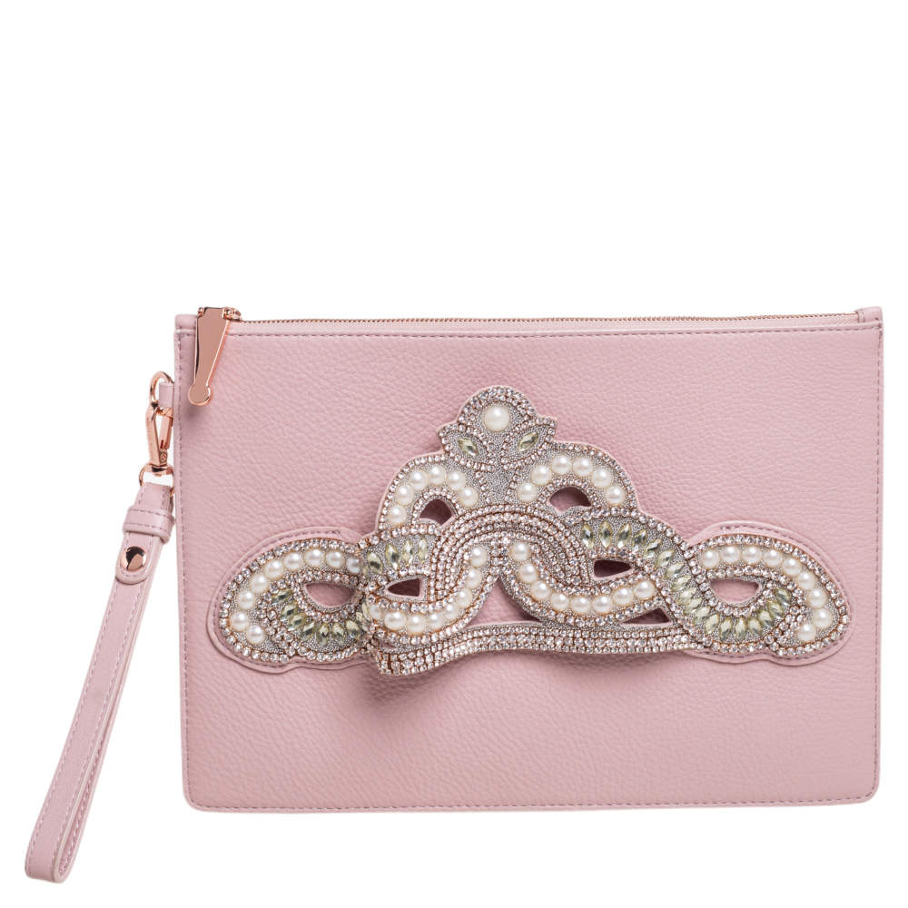 Pre Owned Sophia Webster Powder Pink Leather Flowwy Royalty Wristlet Clutch