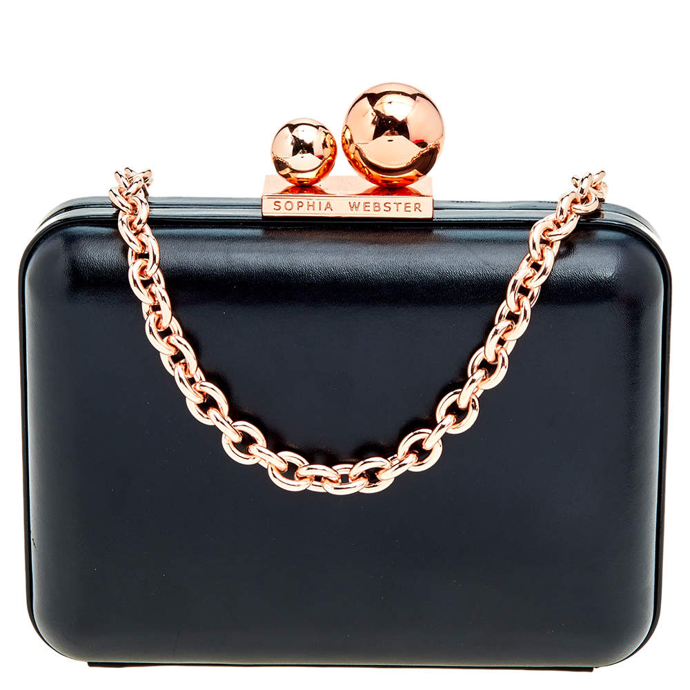 Sophia Webster Black Leather Vivi Butterfly Handle Box Clutch