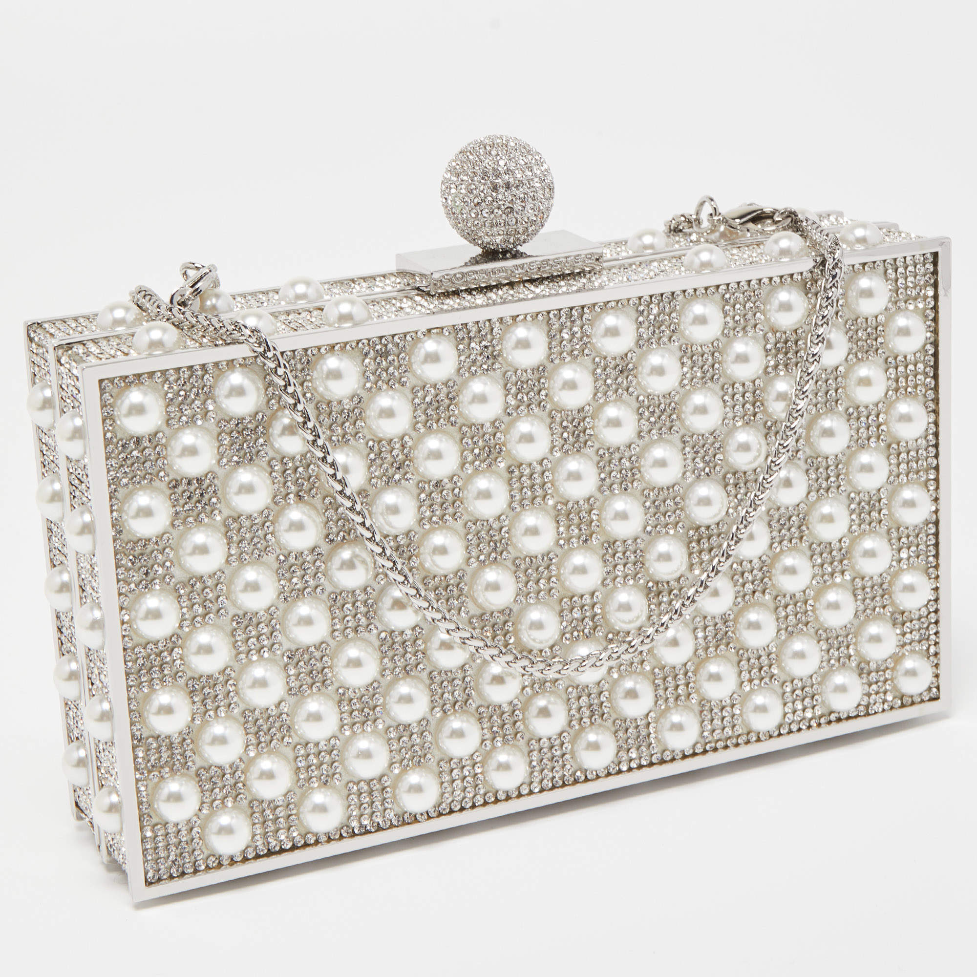 Pre Owned Sophia Webster Silver Crystal/Pearl Embellished Clara Box Clutch