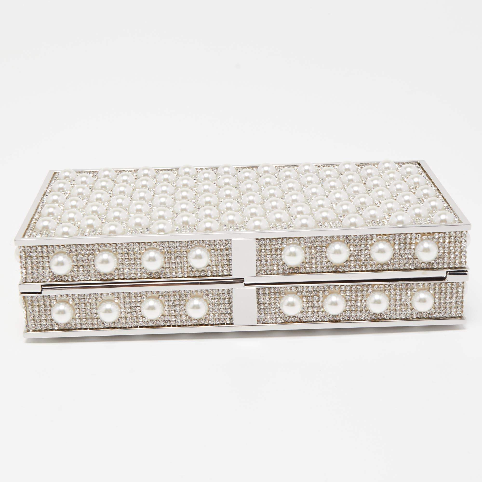 Pre Owned Sophia Webster Silver Crystal/Pearl Embellished Clara Box Clutch