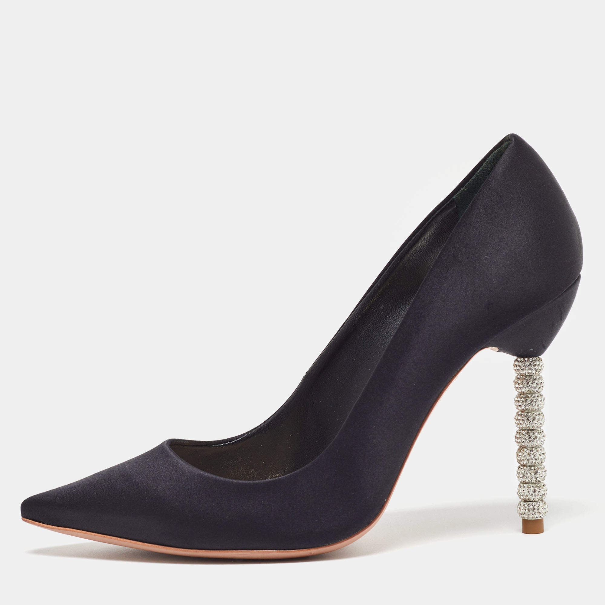Pre Owned Sophia Webster Black Satin Crystal Embellished Heel Coco Pumps Size 38.5