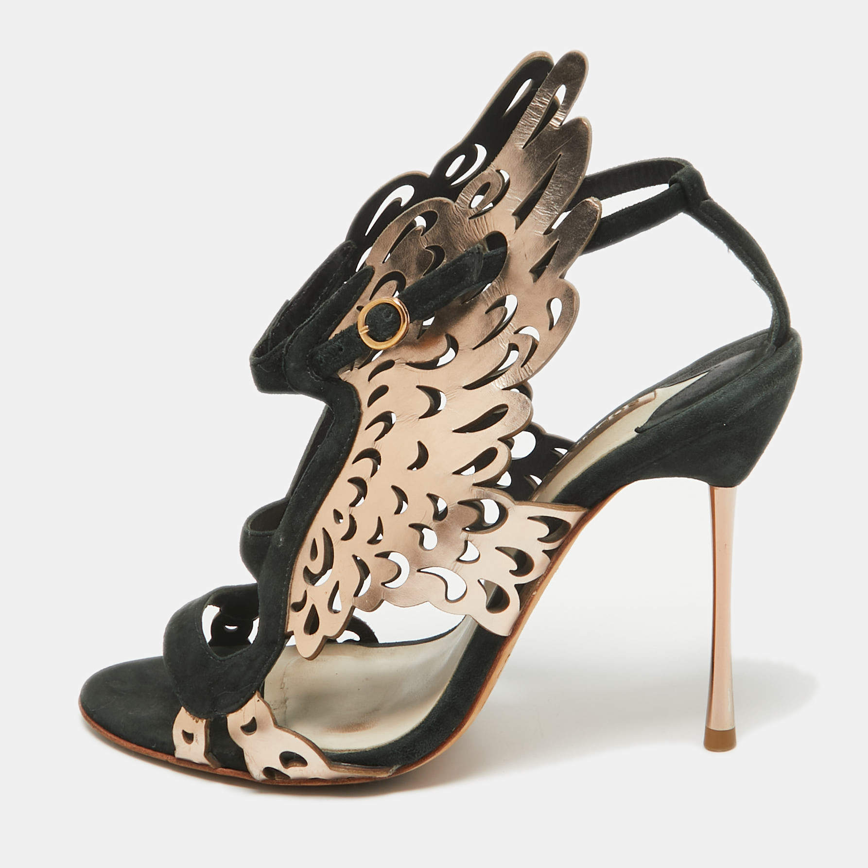 Sophia Webster Dark Green/Rose Gold Suede and Leather Laser Cut Parisa Sandals Size 38