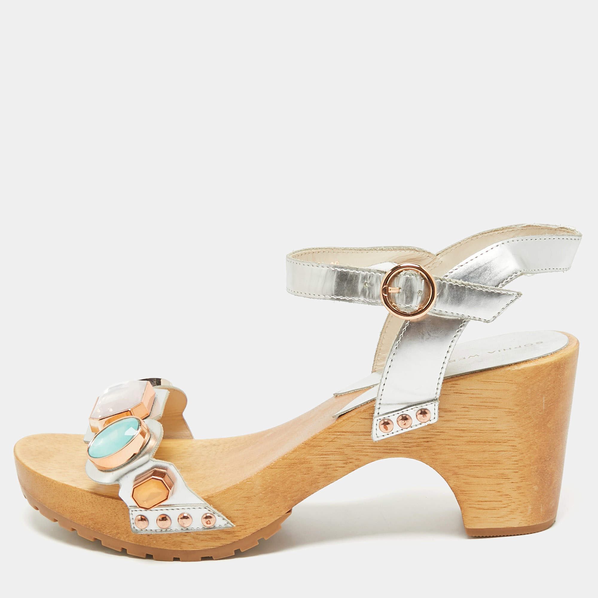 Sophia Webster Silver Leather Studded Jewel Ankle Strap Sandals Size 40