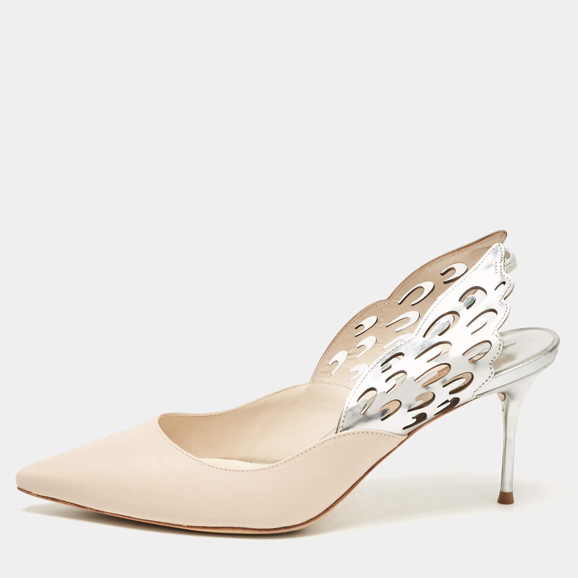 Sophia Webster Beige/Silver Leather Angelo Slingback Pumps 39