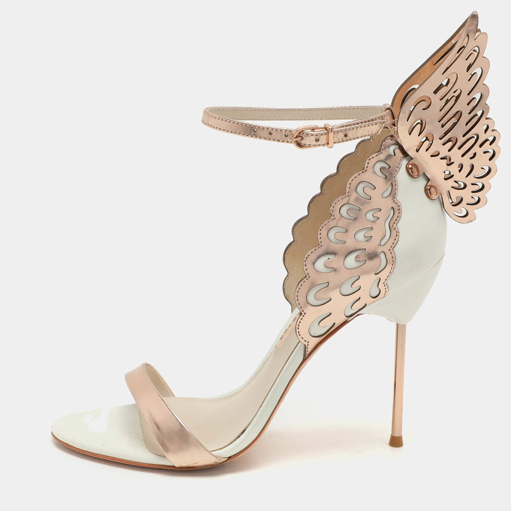Pre Owned Sophia Webster White/Rose Gold Leather Evangeline Laser Cut Angel Wing Ankle Strap Sandals Size 41