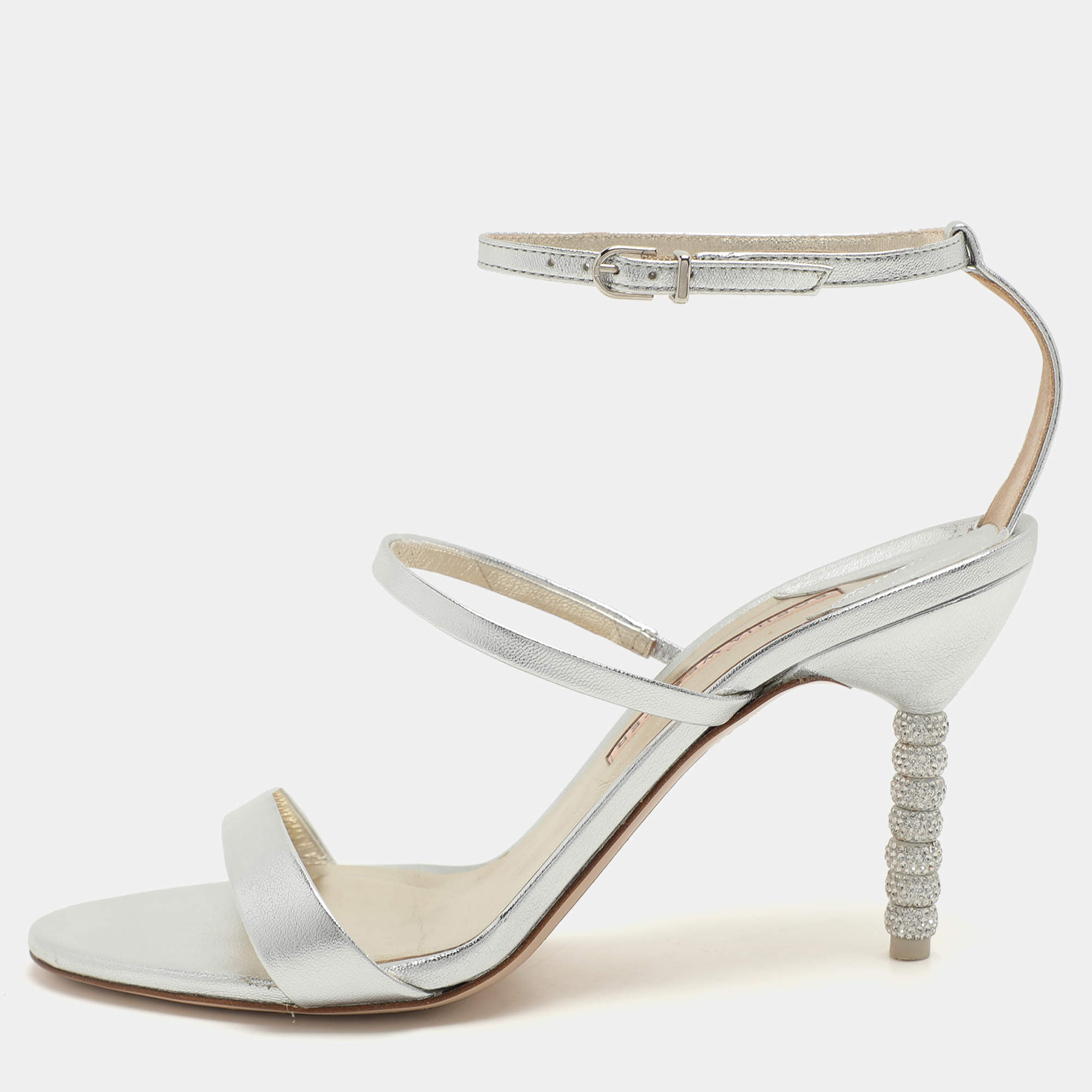Sophia Webster Silver Leather Rosalind Crystal Heel Ankle Strap Open Toe Sandals Size 40