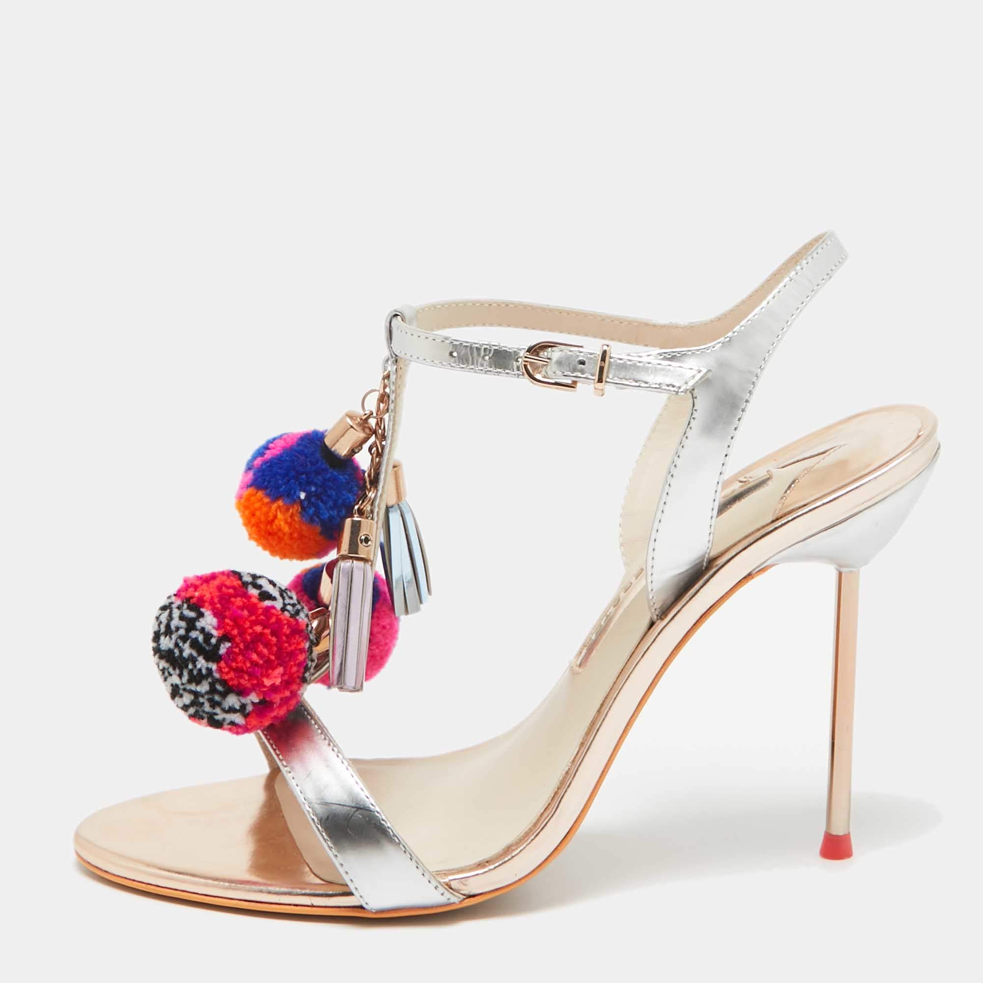 Sophia Webster Silver Laminated Leather Layla Ankle Strap Sandals Size 38.5